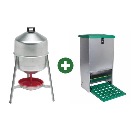 Abreuvoir métal galvanisé 30 L + Mangeoire à trémie anti nuisibles Feedomatic 12kg - Image 1