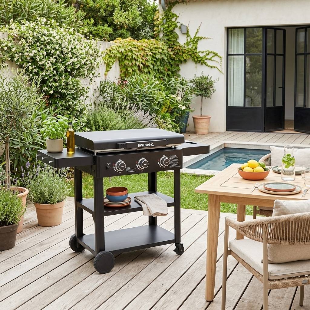 sweeek - Plancha gaz 3 brûleurs acier inoxydable 12kW avec chariot noir - Raoul | sweeek - Image 1