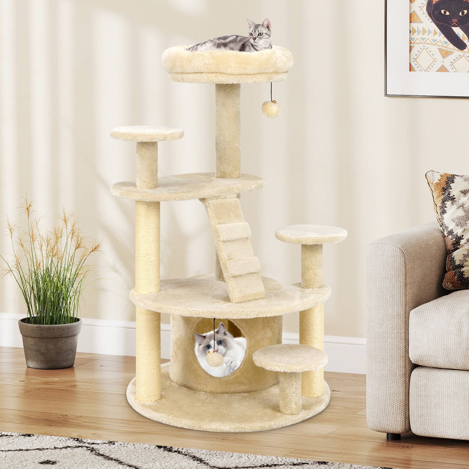 Arbre à Chat XXL 101 cm, Arbre a Chat Bois, 2 Poteaux à Griffer en Sisal, 7 Plateformes, Condo, Échelle d'escalade, 2 Pompons Suspendu, Beige Foncé - Image 2