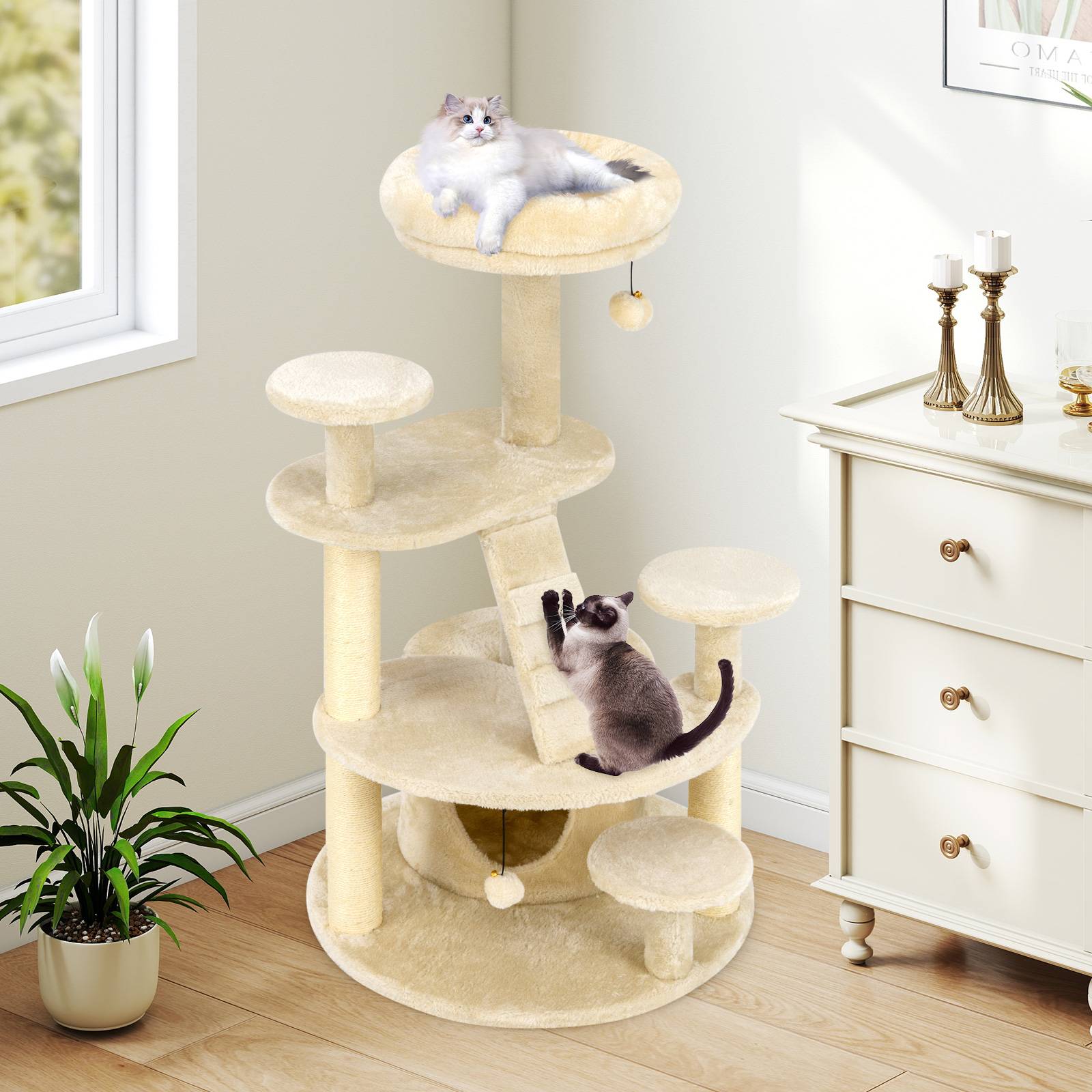 Arbre à Chat XXL 101 cm, Arbre a Chat Bois, 2 Poteaux à Griffer en Sisal, 7 Plateformes, Condo, Échelle d'escalade, 2 Pompons Suspendu, Beige Foncé - Image 4