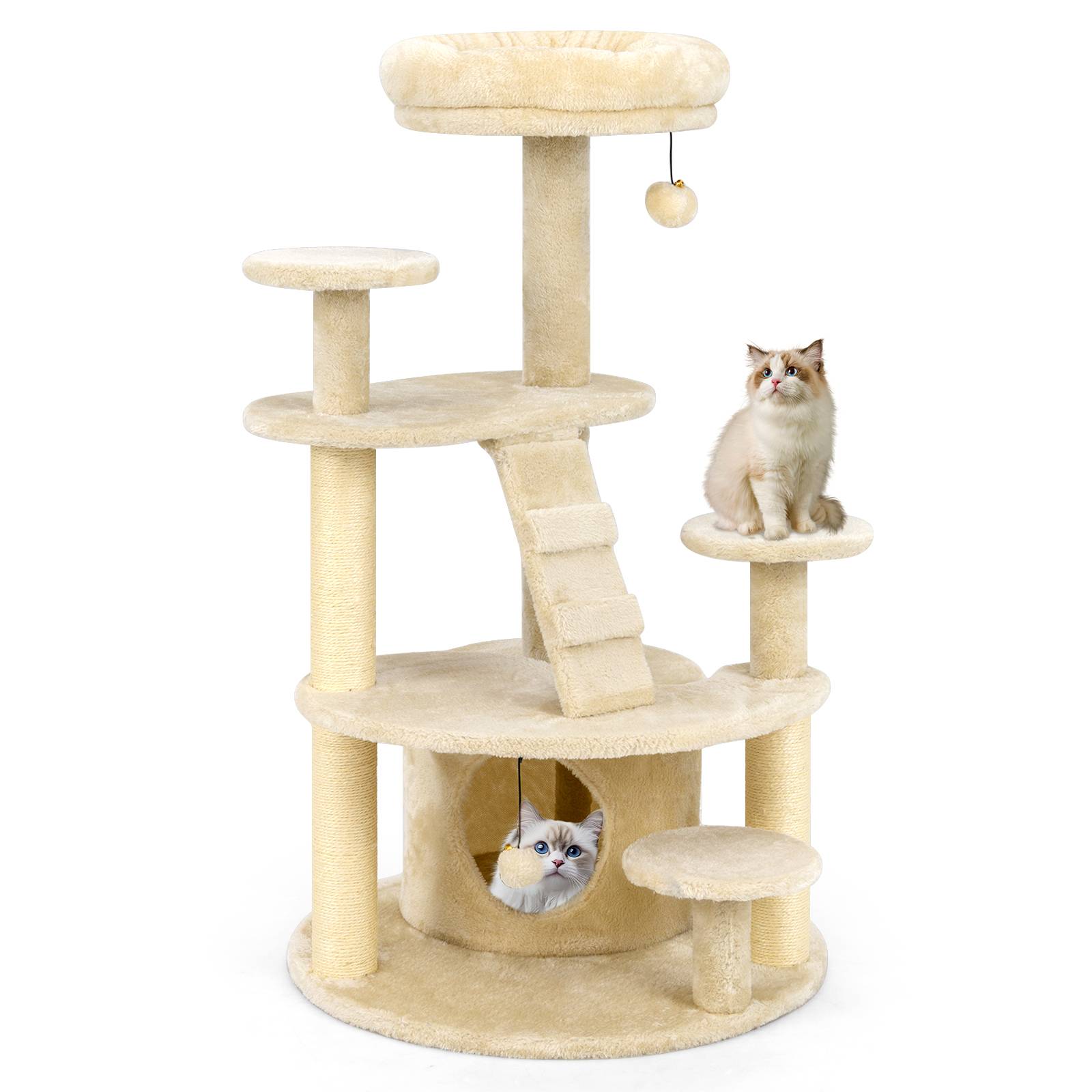 Arbre à Chat XXL 101 cm, Arbre a Chat Bois, 2 Poteaux à Griffer en Sisal, 7 Plateformes, Condo, Échelle d'escalade, 2 Pompons Suspendu, Beige Foncé - Image 1