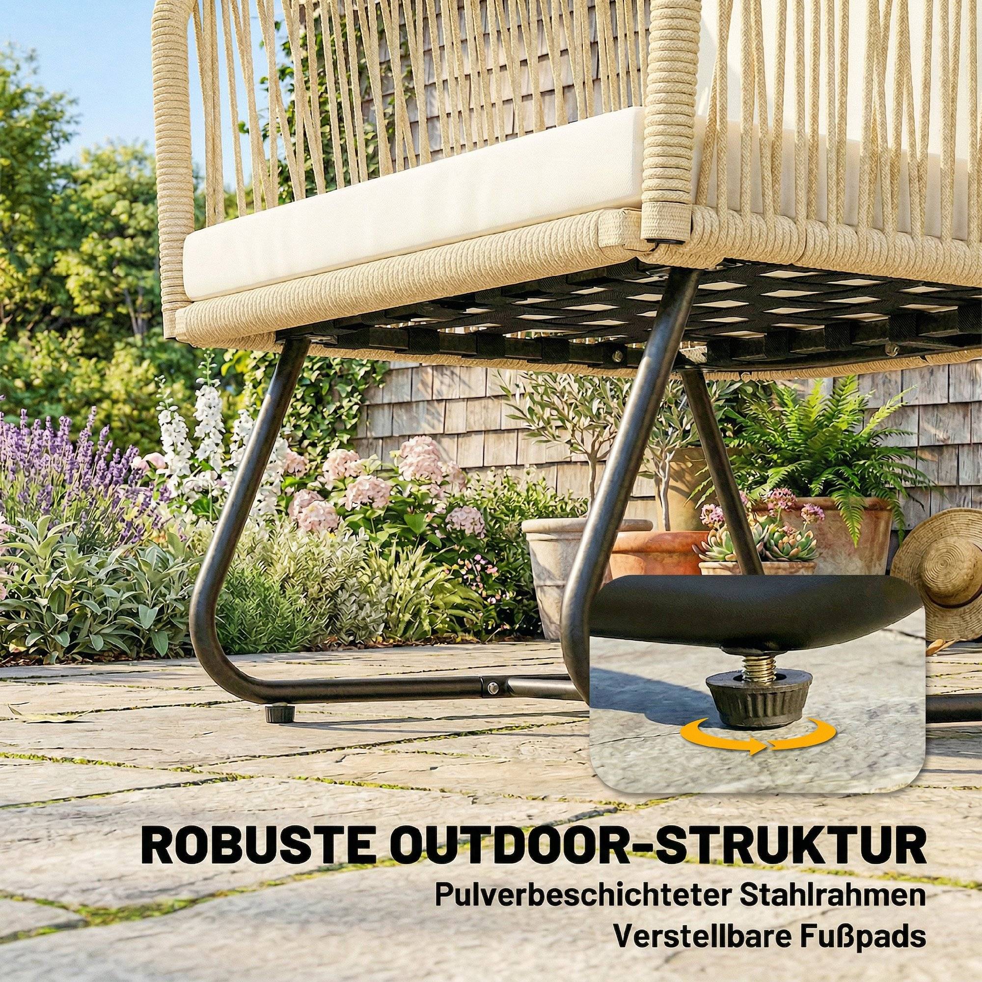 Ensemble bistrot 3 pièces en rotin FSC : 2 fauteuils et table en bois lamella, cadre acier avec coussins lavables - Image 6