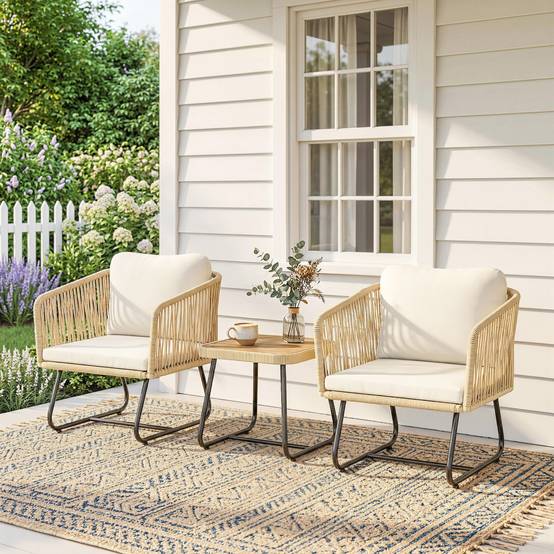 Ensemble bistrot 3 pièces en rotin FSC : 2 fauteuils et table en bois lamella, cadre acier avec coussins lavables - Image 2