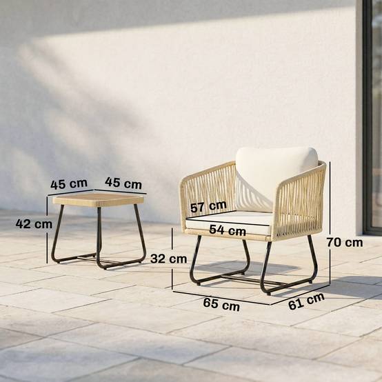 Ensemble bistrot 3 pièces en rotin FSC : 2 fauteuils et table en bois lamella, cadre acier avec coussins lavables - Image 3