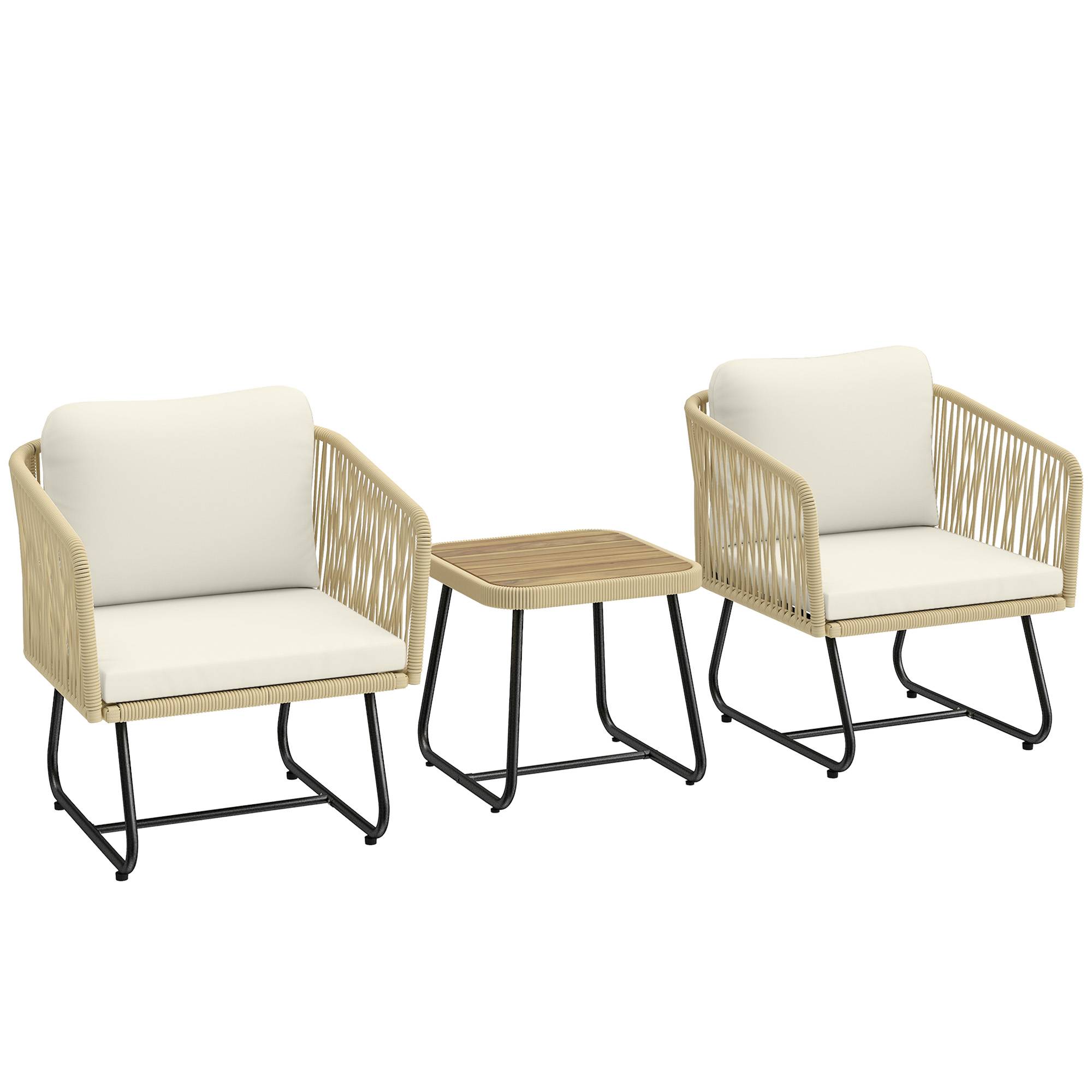 Ensemble bistrot 3 pièces en rotin FSC : 2 fauteuils et table en bois lamella, cadre acier avec coussins lavables