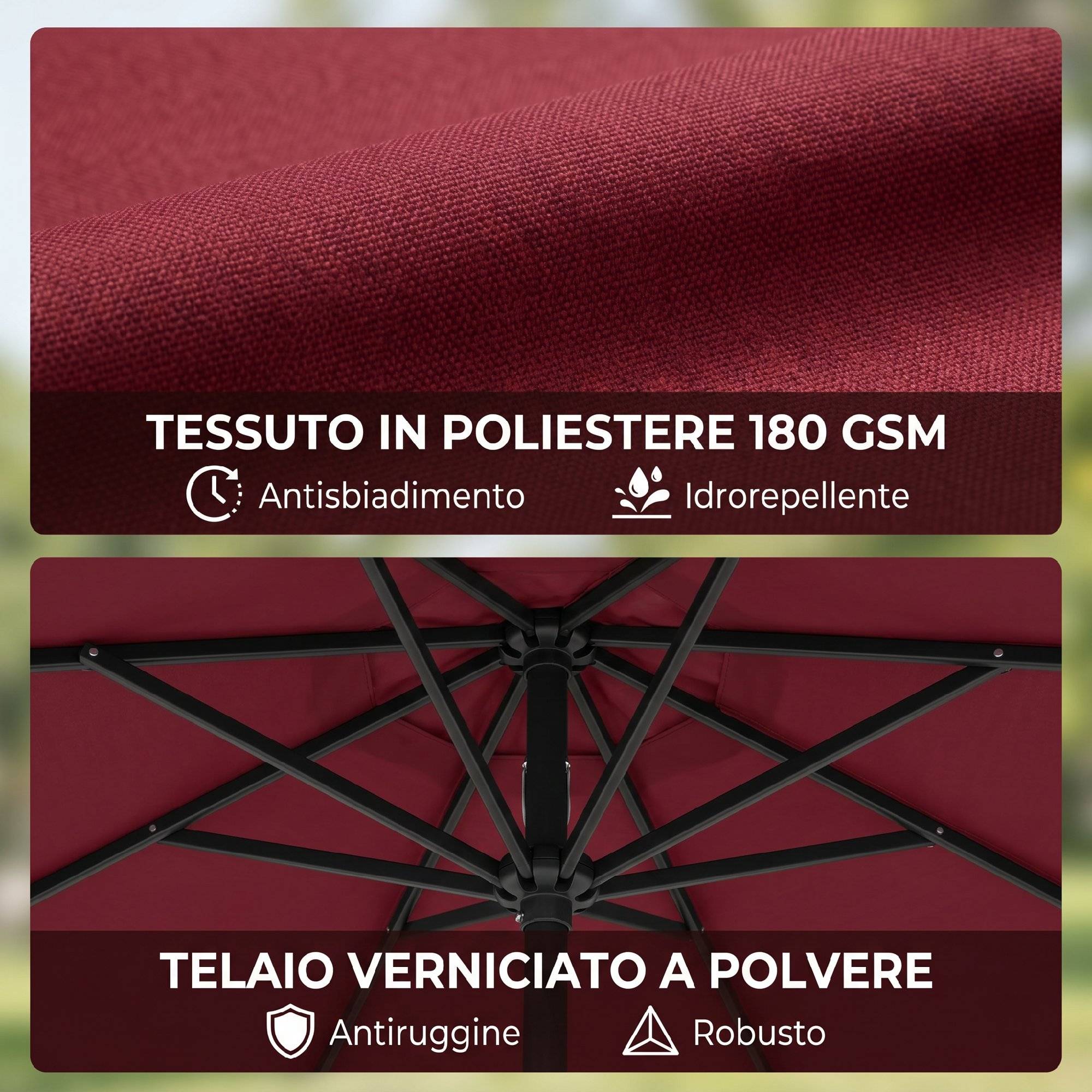 Parasol de jardin 3 x 2,5 m avec bras inclinable et manivelle, rouge foncé - Image 9