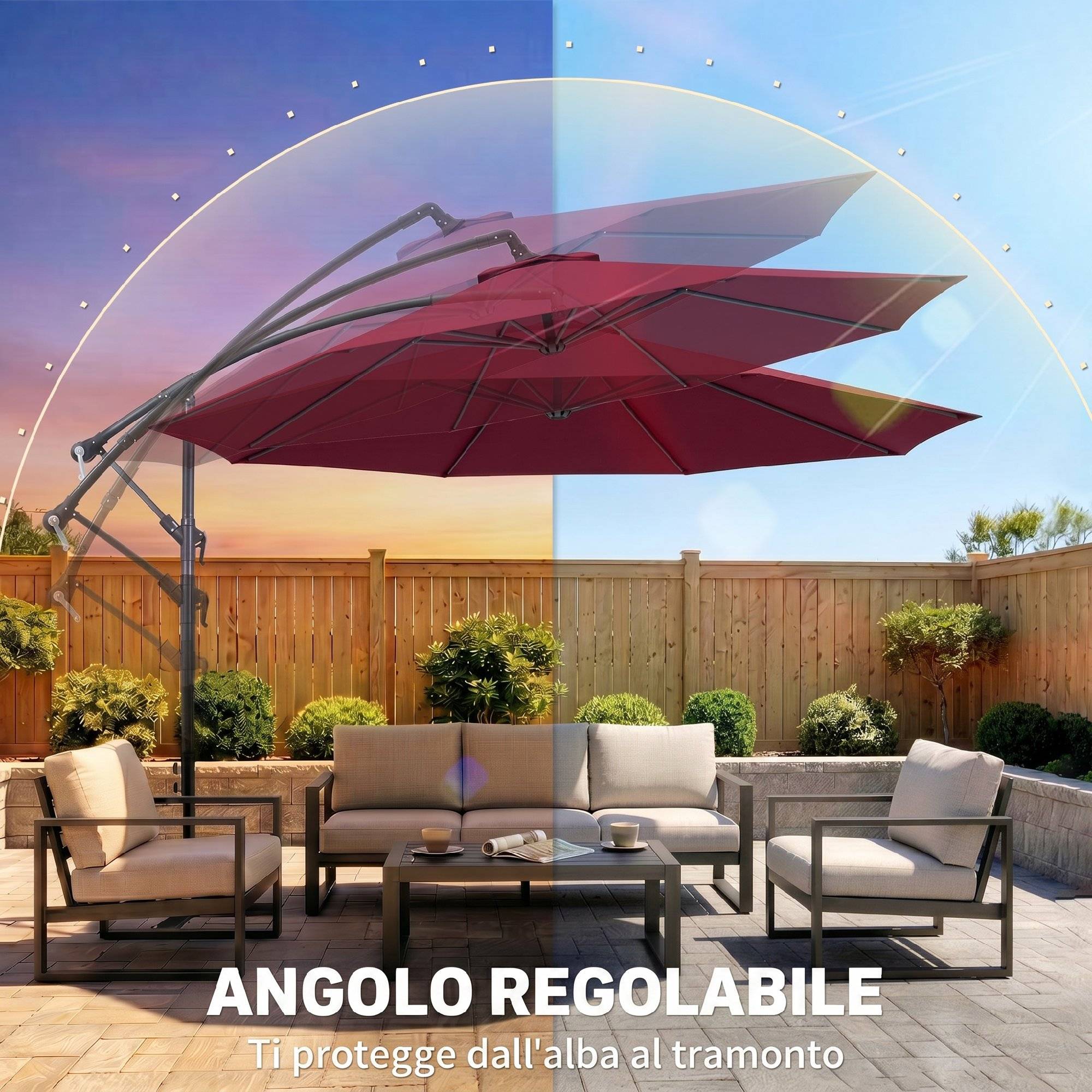 Parasol de jardin 3 x 2,5 m avec bras inclinable et manivelle, rouge foncé - Image 7