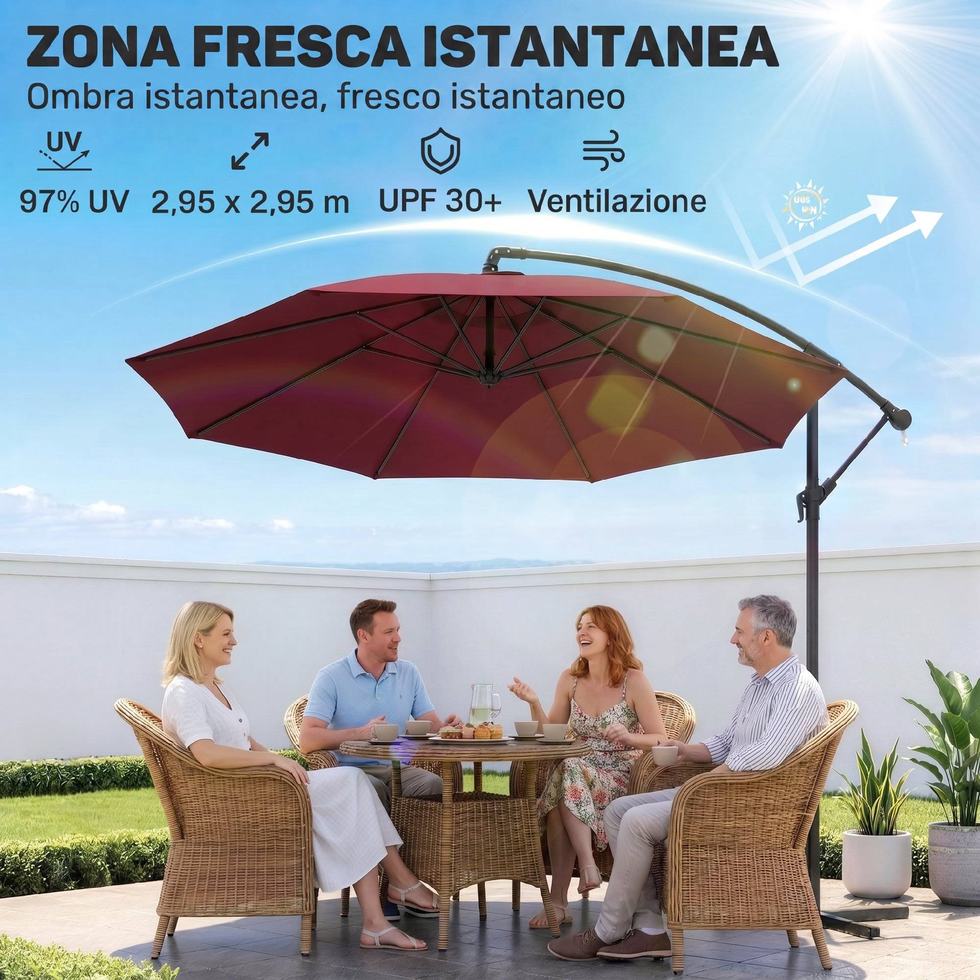 Parasol de jardin 3 x 2,5 m avec bras inclinable et manivelle, rouge foncé - Image 6