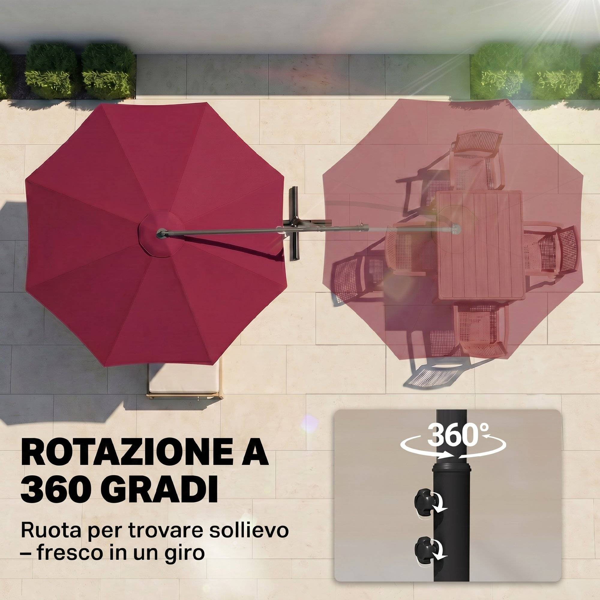 Parasol de jardin 3 x 2,5 m avec bras inclinable et manivelle, rouge foncé - Image 8
