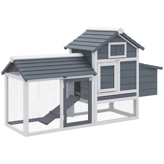 Cage pour poules avec 2 enclos en fil métallique, toit ouvrant, boîte de nid, plateau amovible et rampe 150,5x54x87 cm gris - Image 1