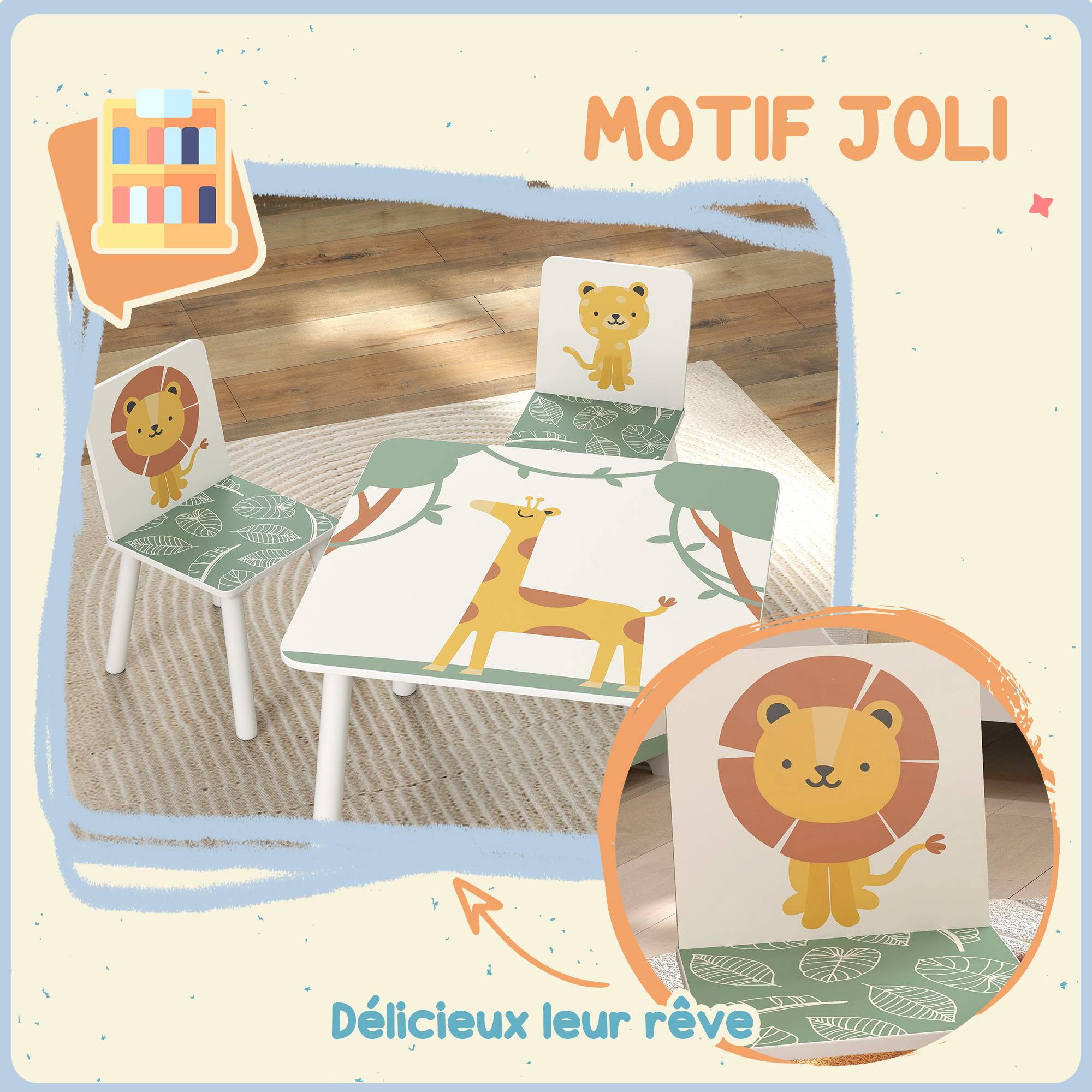Table enfant avec chaise, ensemble table et 2 chaises bois motifs animaux, 60×60×44 cm, vert - Image 7