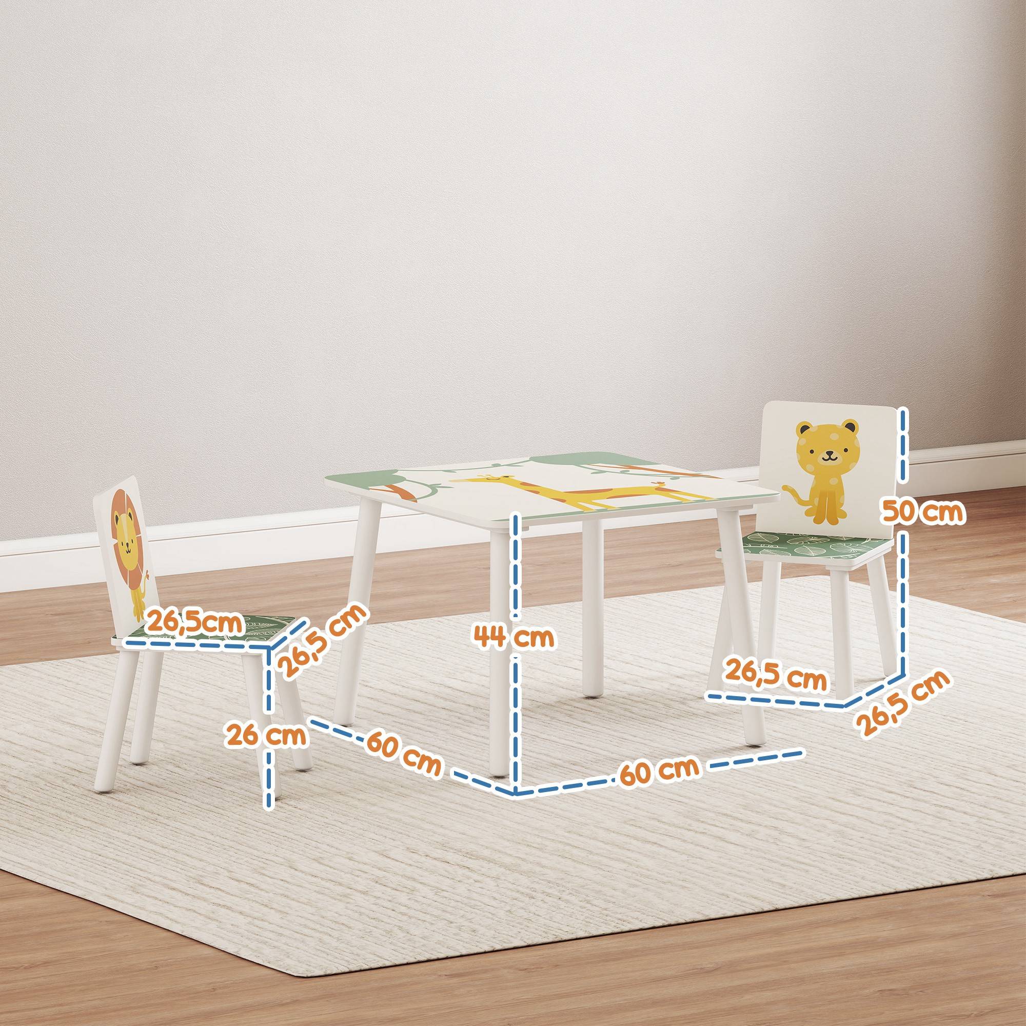 Table enfant avec chaise, ensemble table et 2 chaises bois motifs animaux, 60×60×44 cm, vert - Image 5