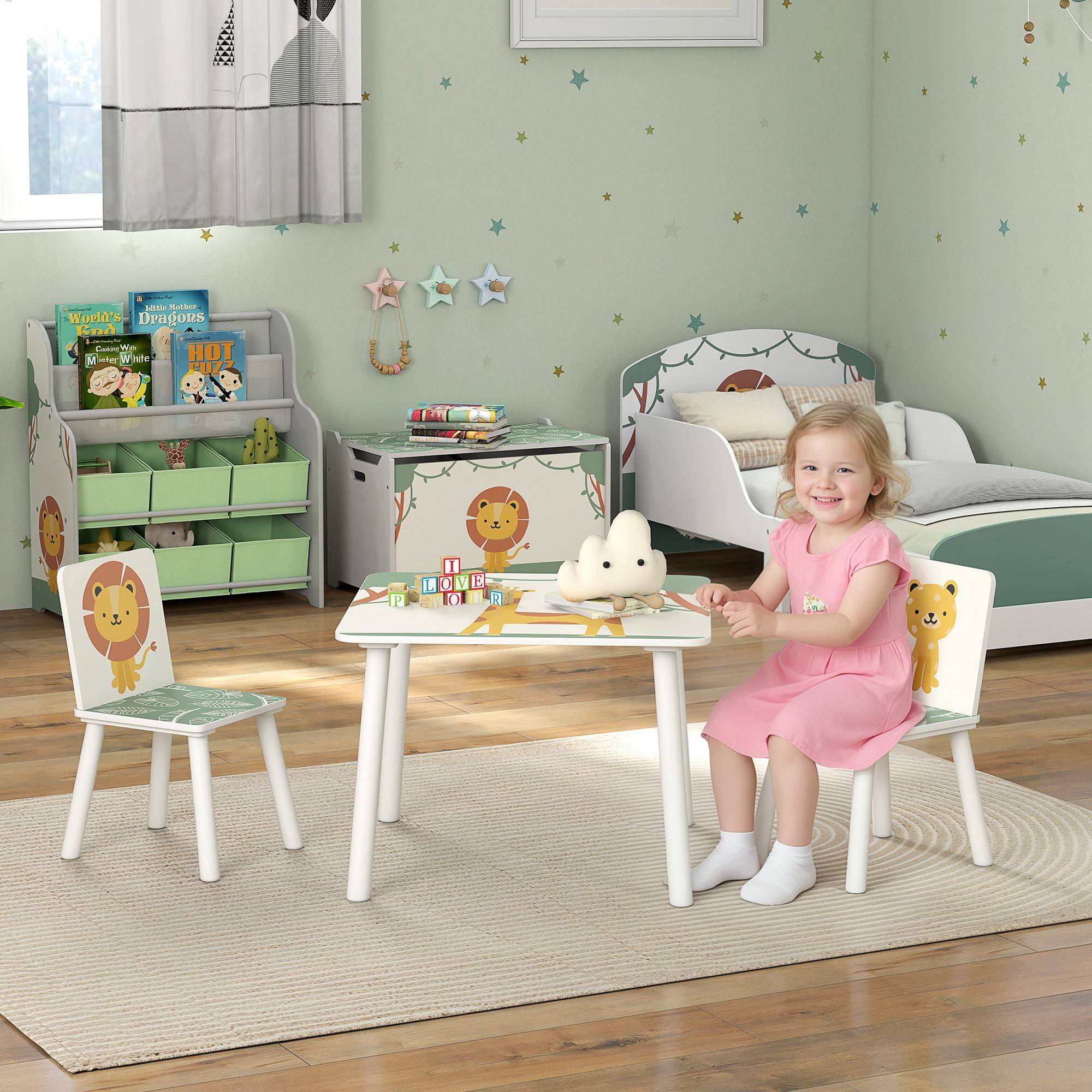 Table enfant avec chaise, ensemble table et 2 chaises bois motifs animaux, 60×60×44 cm, vert - Image 3