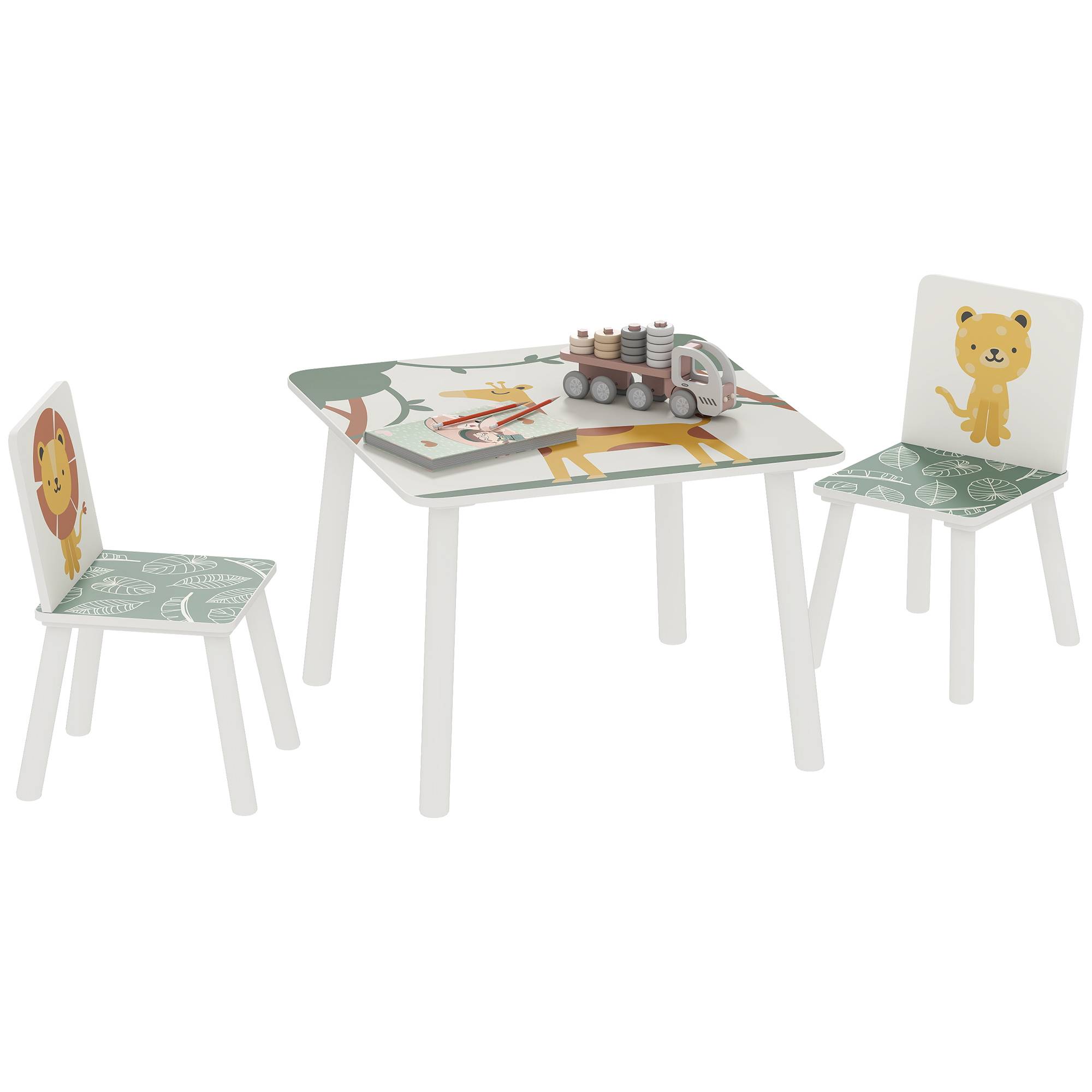 Table enfant avec chaise, ensemble table et 2 chaises bois motifs animaux, 60×60×44 cm, vert - Image 1
