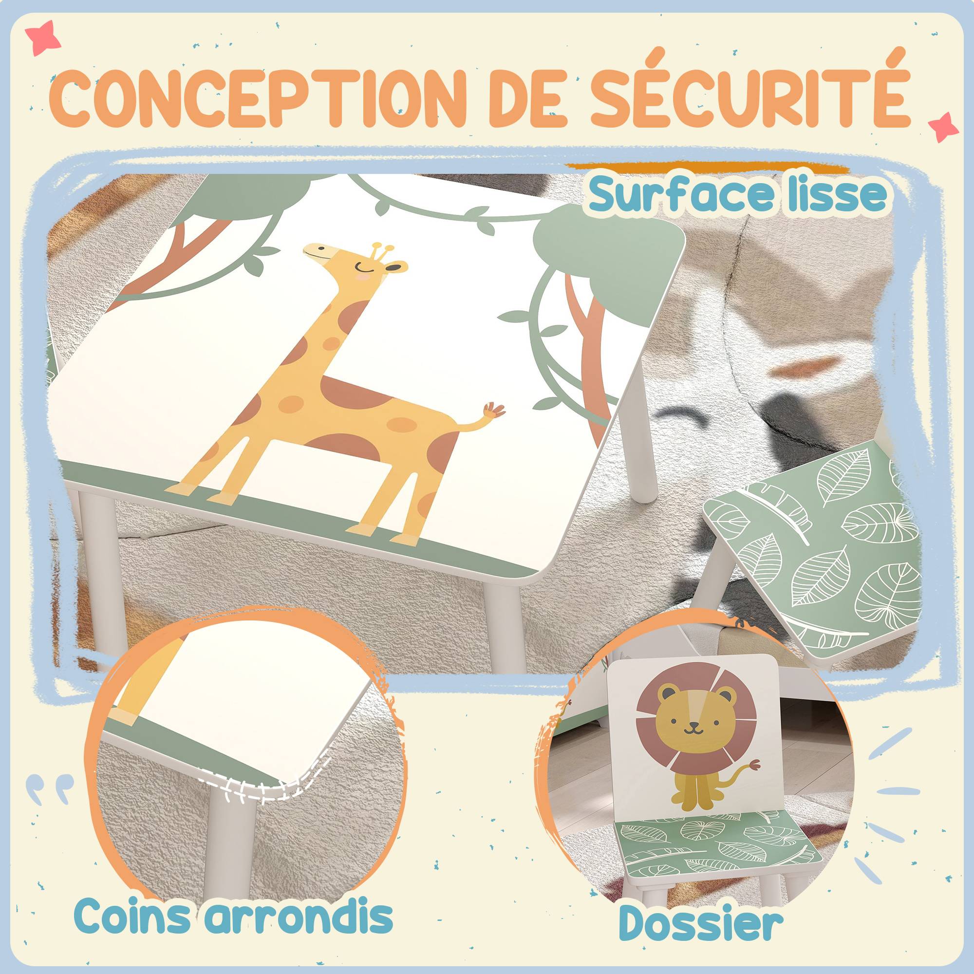 Table enfant avec chaise, ensemble table et 2 chaises bois motifs animaux, 60×60×44 cm, vert - Image 8