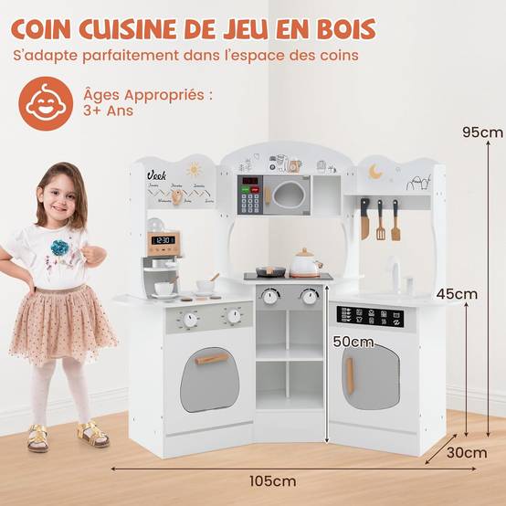 Cuisine Enfants en Bois avec 18 Accessoires, Cuisine d'Angle Enfants avec Micro-Ondes & Étagères, Lumières et Sons, Jouet d'Imitation pour 3 Ans+ (Blanc Cuisine Enfants en Bois avec 18 Accessoires, Cuisine d'Angle Enfants avec Micro-Ondes & Étagères, Lumières et Sons, Jouet d'Imitation pour 3 Ans+ (Blanc