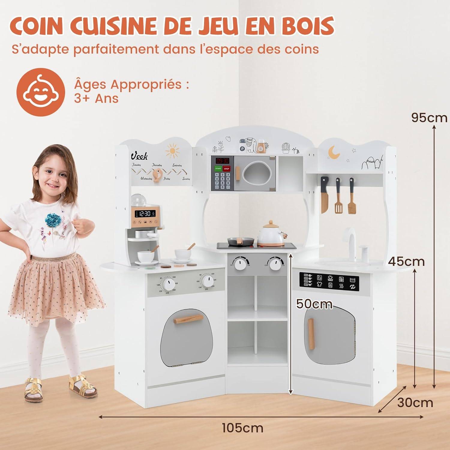 Cuisine Enfants en Bois avec 18 Accessoires, Cuisine d'Angle Enfants avec Micro-Ondes & Étagères, Lumières et Sons, Jouet d'Imitation pour 3 Ans+ (Blanc