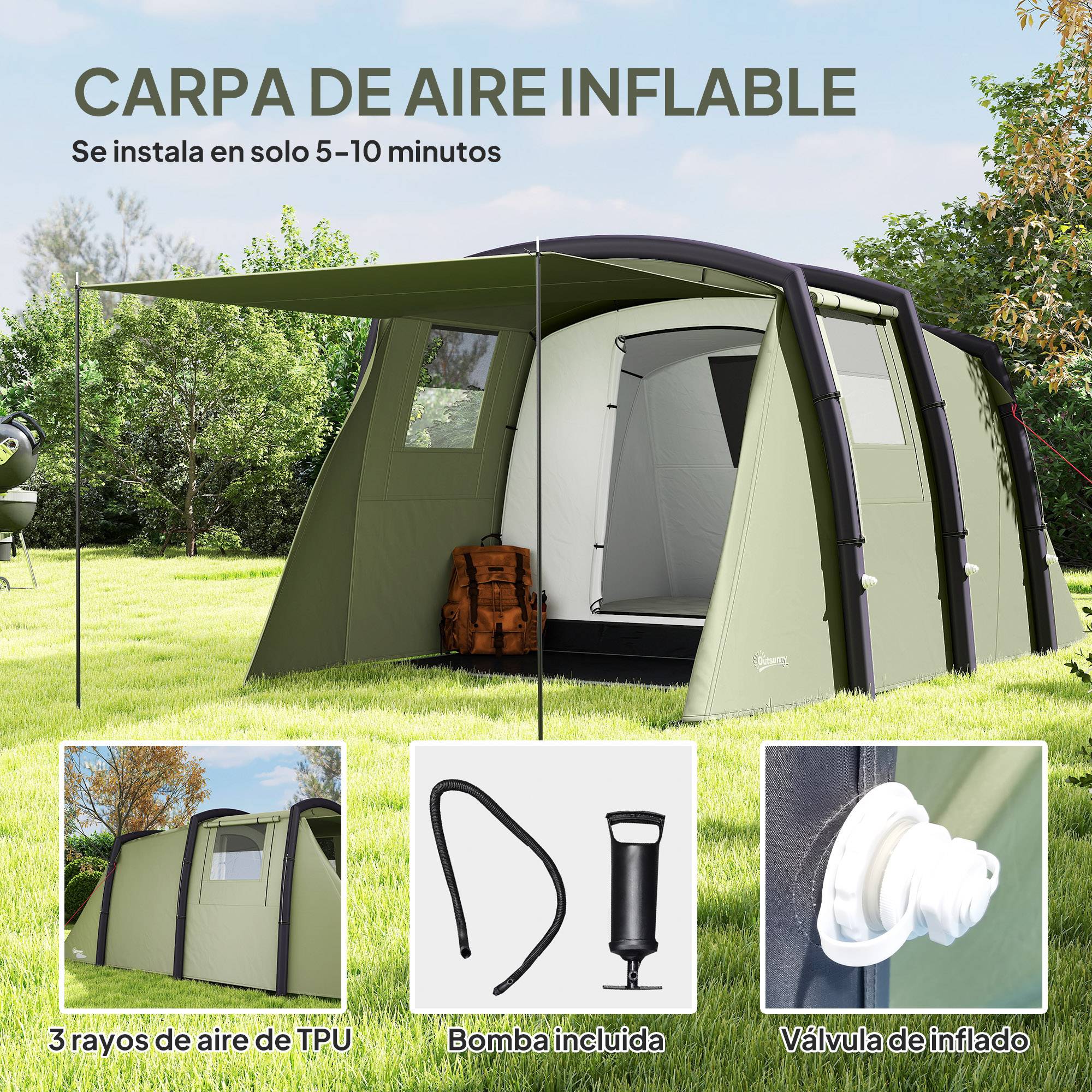 ComfortXL - Tente tunnel gonflable polyester pour 6 personnes imperméable anti-UV vert olive - ComfortXL Outdoor Living - Image 6