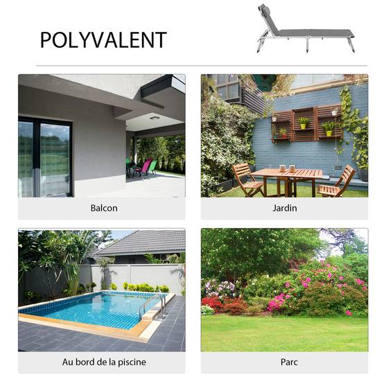 Chaise Longue Pliable Aluminium Jardin Dossier Inclinable Têtière 165x60cm Gris - ComfortXL Outdoor Living - Image 9