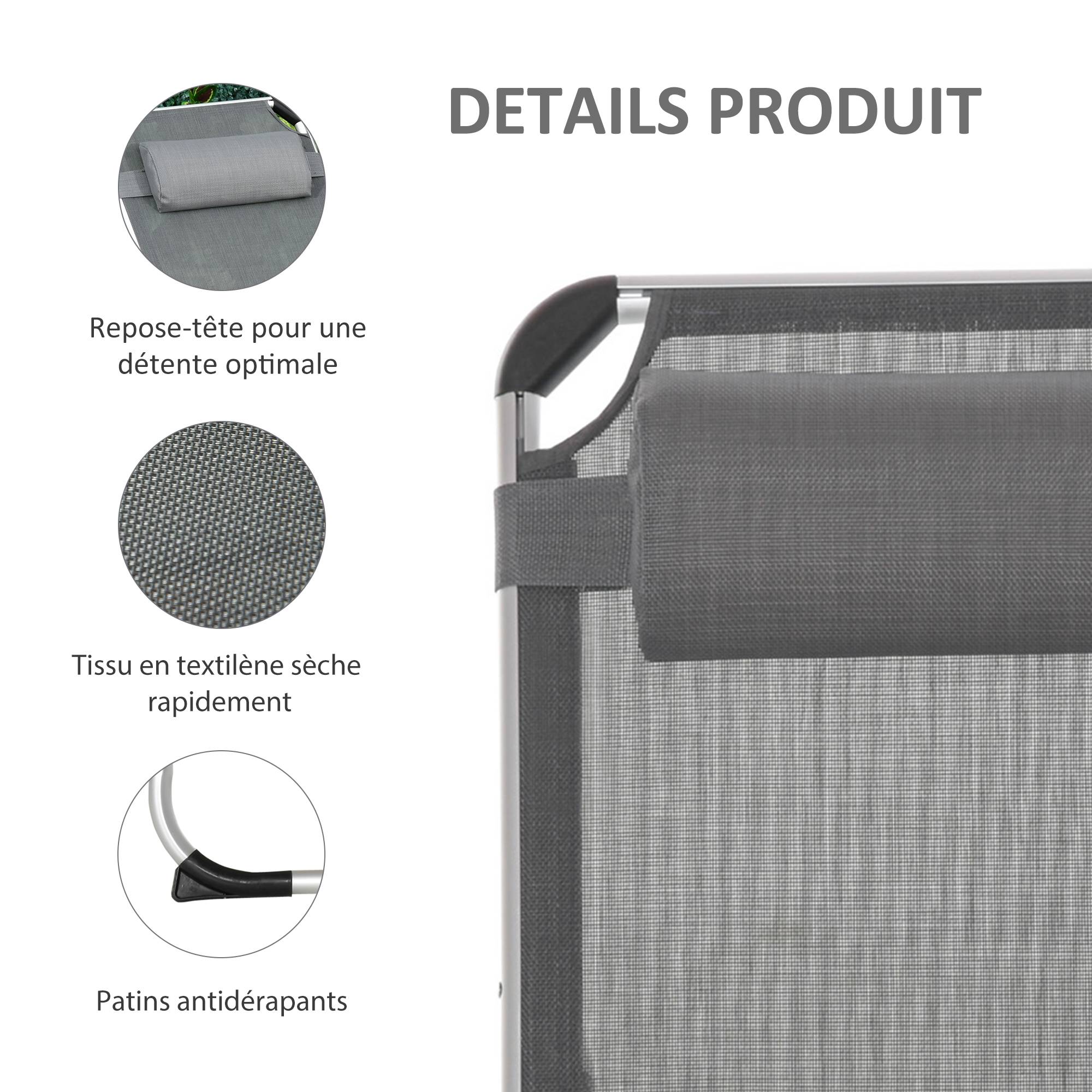 Chaise Longue Pliable Aluminium Jardin Dossier Inclinable Têtière 165x60cm Gris - ComfortXL Outdoor Living - Image 8