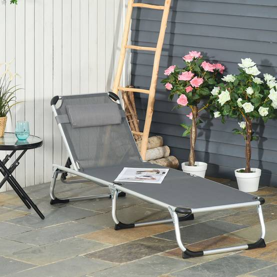 Chaise Longue Pliable Aluminium Jardin Dossier Inclinable Têtière 165x60cm Gris - ComfortXL Outdoor Living - Image 3