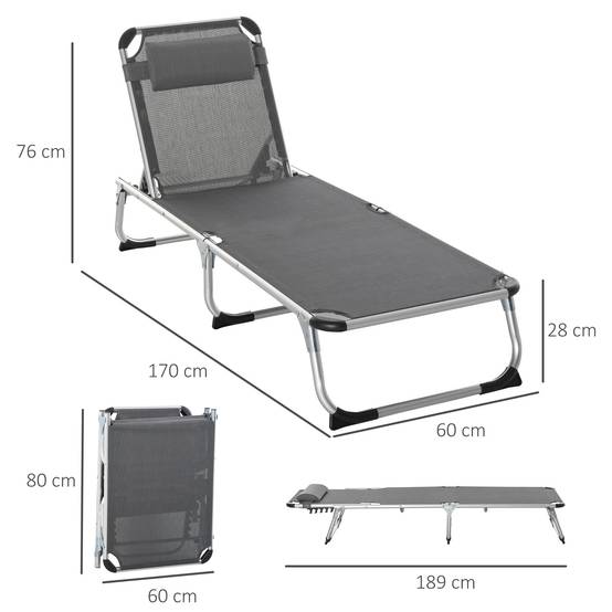 Chaise Longue Pliable Aluminium Jardin Dossier Inclinable Têtière 165x60cm Gris - ComfortXL Outdoor Living - Image 5