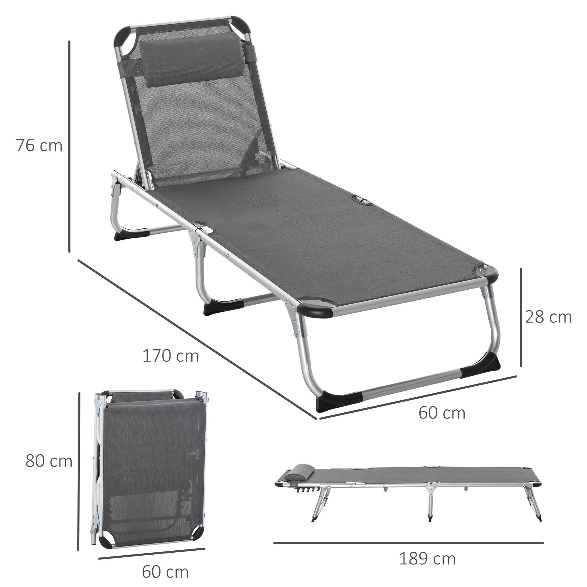 Chaise Longue Pliable Aluminium Jardin Dossier Inclinable Têtière 165x60cm Gris - ComfortXL Outdoor Living - Image 5