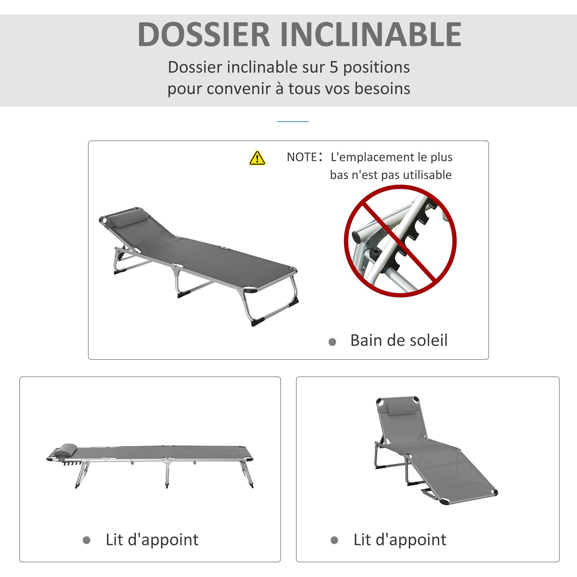 Chaise Longue Pliable Aluminium Jardin Dossier Inclinable Têtière 165x60cm Gris - ComfortXL Outdoor Living - Image 6