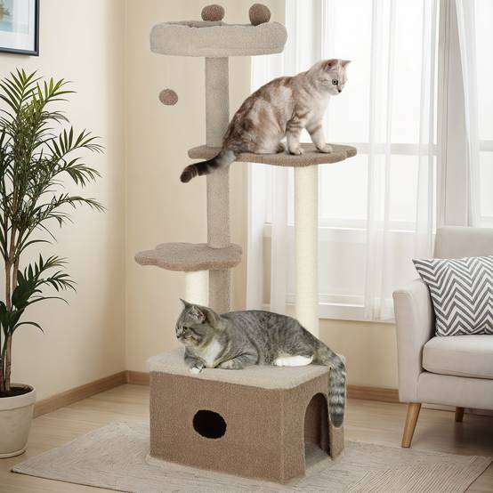 Arbre à Chat Design en Bois Cachemire avec Niche et Griffoir en Jute 133 cm Café - ComfortXL Outdoor Living - Image 3