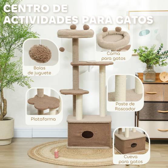 Arbre à Chat Design en Bois Cachemire avec Niche et Griffoir en Jute 133 cm Café - ComfortXL Outdoor Living - Image 6