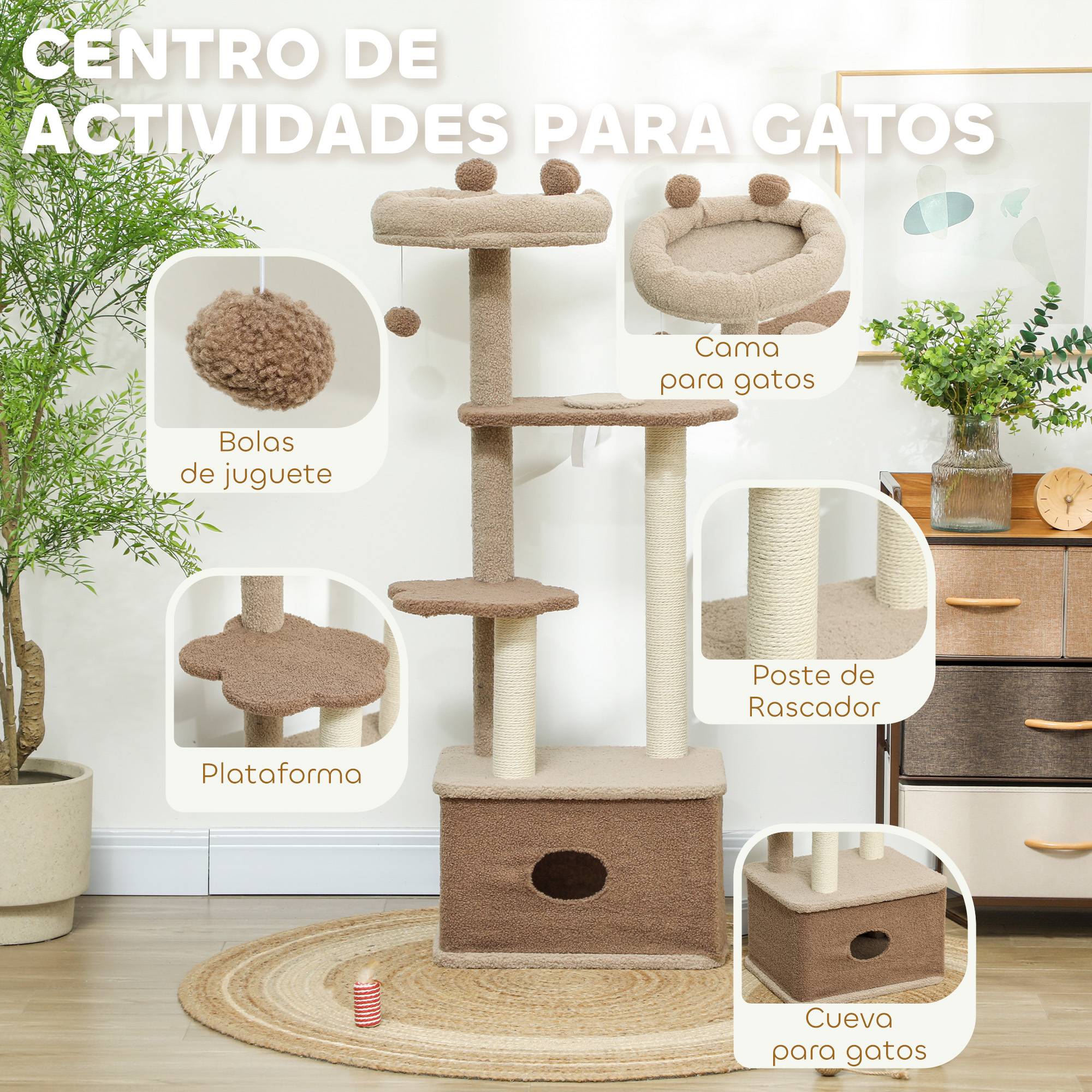 Arbre à Chat Design en Bois Cachemire avec Niche et Griffoir en Jute 133 cm Café - ComfortXL Outdoor Living - Image 6
