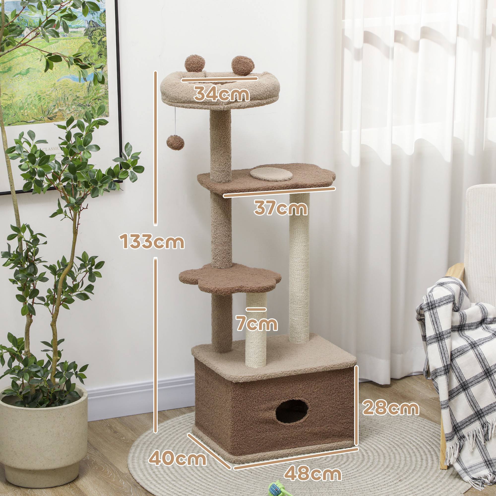 Arbre à Chat Design en Bois Cachemire avec Niche et Griffoir en Jute 133 cm Café - ComfortXL Outdoor Living - Image 5