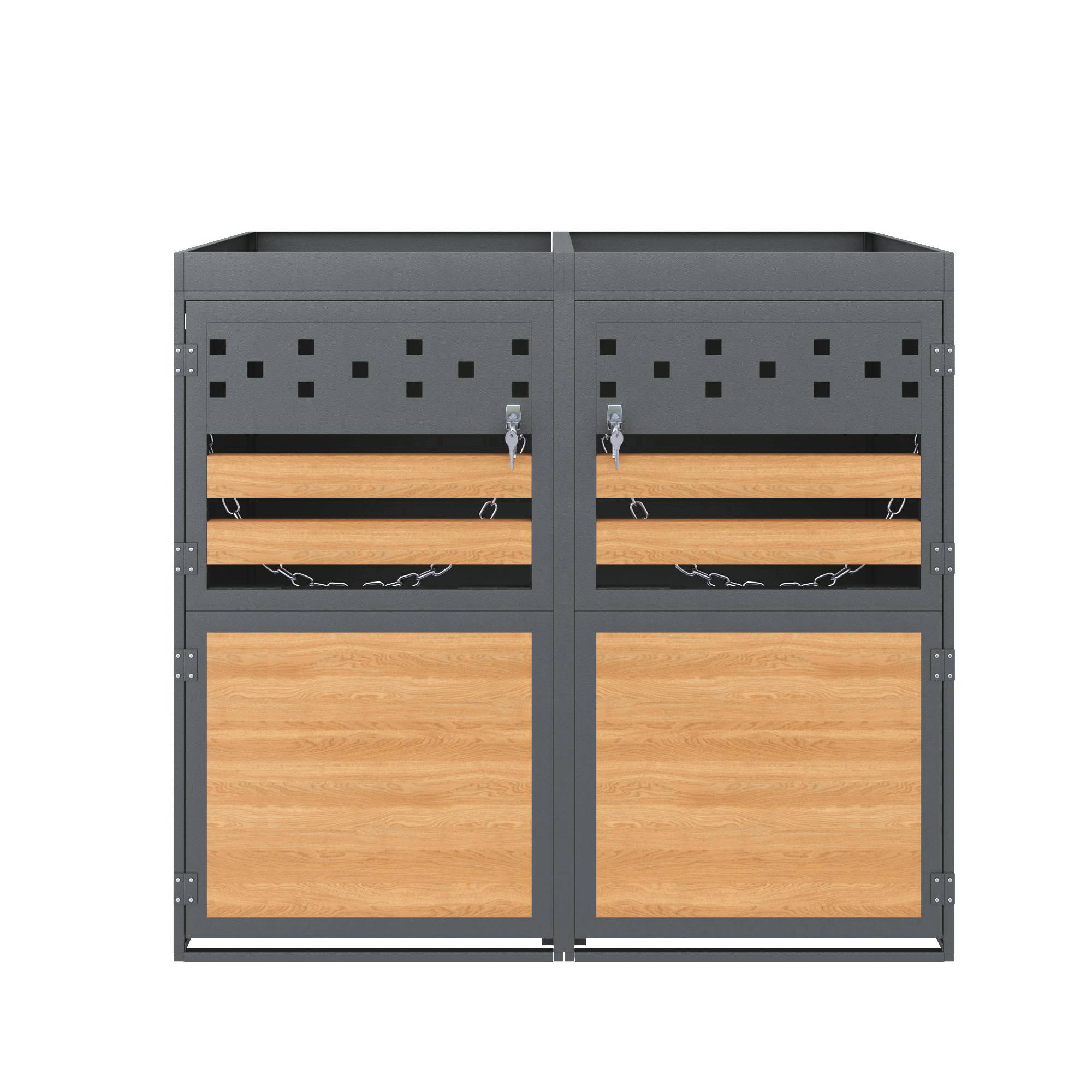 PANGIVO - Coffre de rangement pour poubelles 2 compartiments, métal, gris avec toit végétal, 132 x 80 x 125 cm - PANGIVO - Image 3