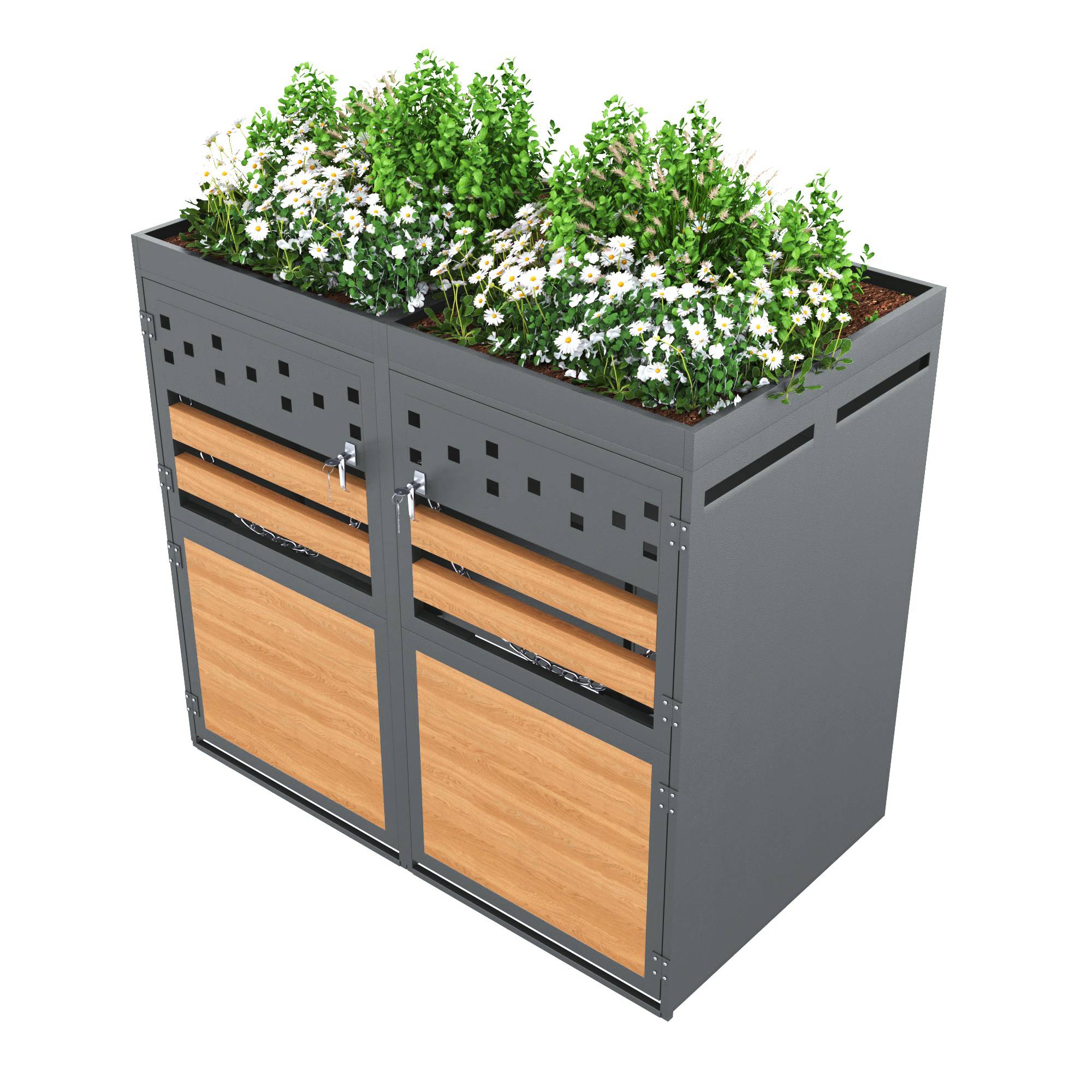 PANGIVO - Coffre de rangement pour poubelles 2 compartiments, métal, gris avec toit végétal, 132 x 80 x 125 cm - PANGIVO - Image 2