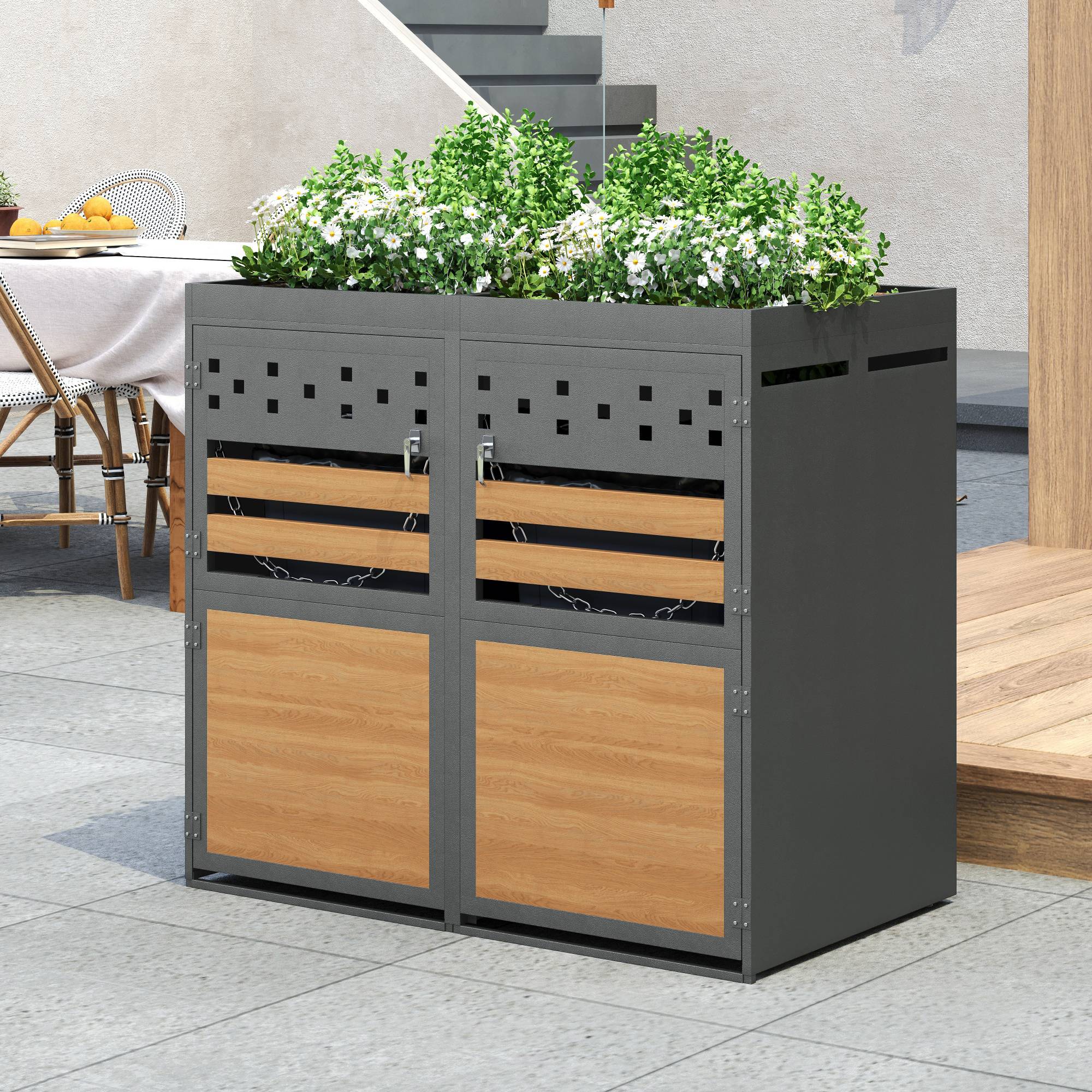 PANGIVO - Coffre de rangement pour poubelles 2 compartiments, métal, gris avec toit végétal, 132 x 80 x 125 cm - PANGIVO - Image 6
