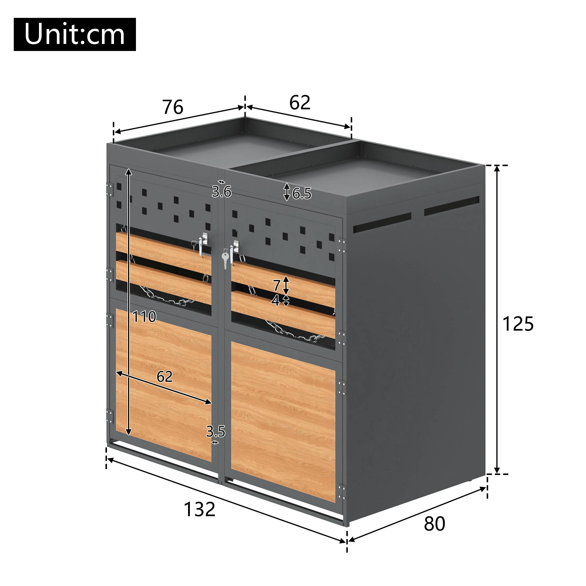PANGIVO - Coffre de rangement pour poubelles 2 compartiments, métal, gris avec toit végétal, 132 x 80 x 125 cm - PANGIVO - Image 5