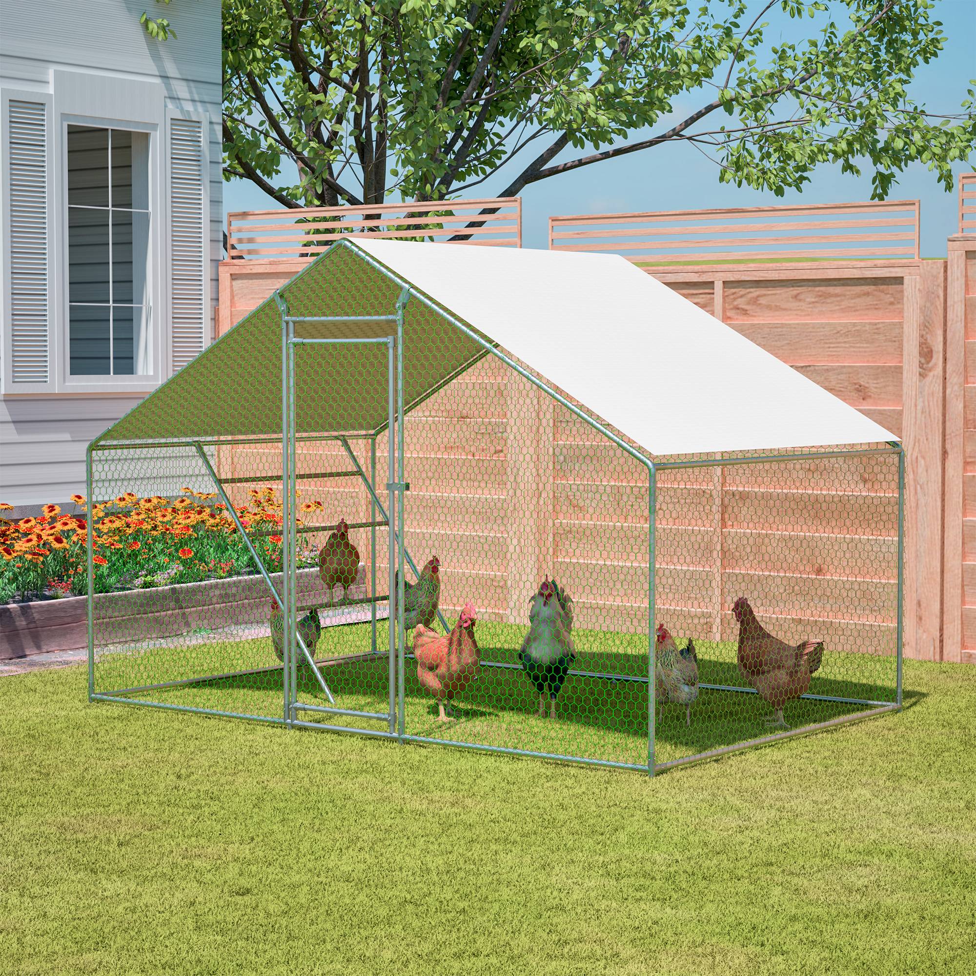 Enclos poulailler acier galvanisé 6.06m² pour poules bâche anti-UV et échelle 3x2x2m gris - ComfortXL Outdoor Living - Image 1
