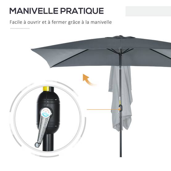 Parasol inclinable rectangulaire aluminium polyester haute densité 3 x 2 m gris foncé - Image 7