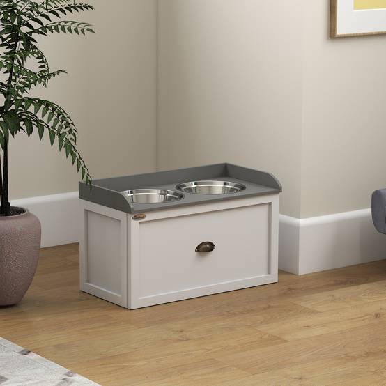 Gamelle double chien chat - porte-gamelles surélevé rangement 2 en 1 - tiroir, 2 gamelles - acier inox. MDF blanc gris - Image 10
