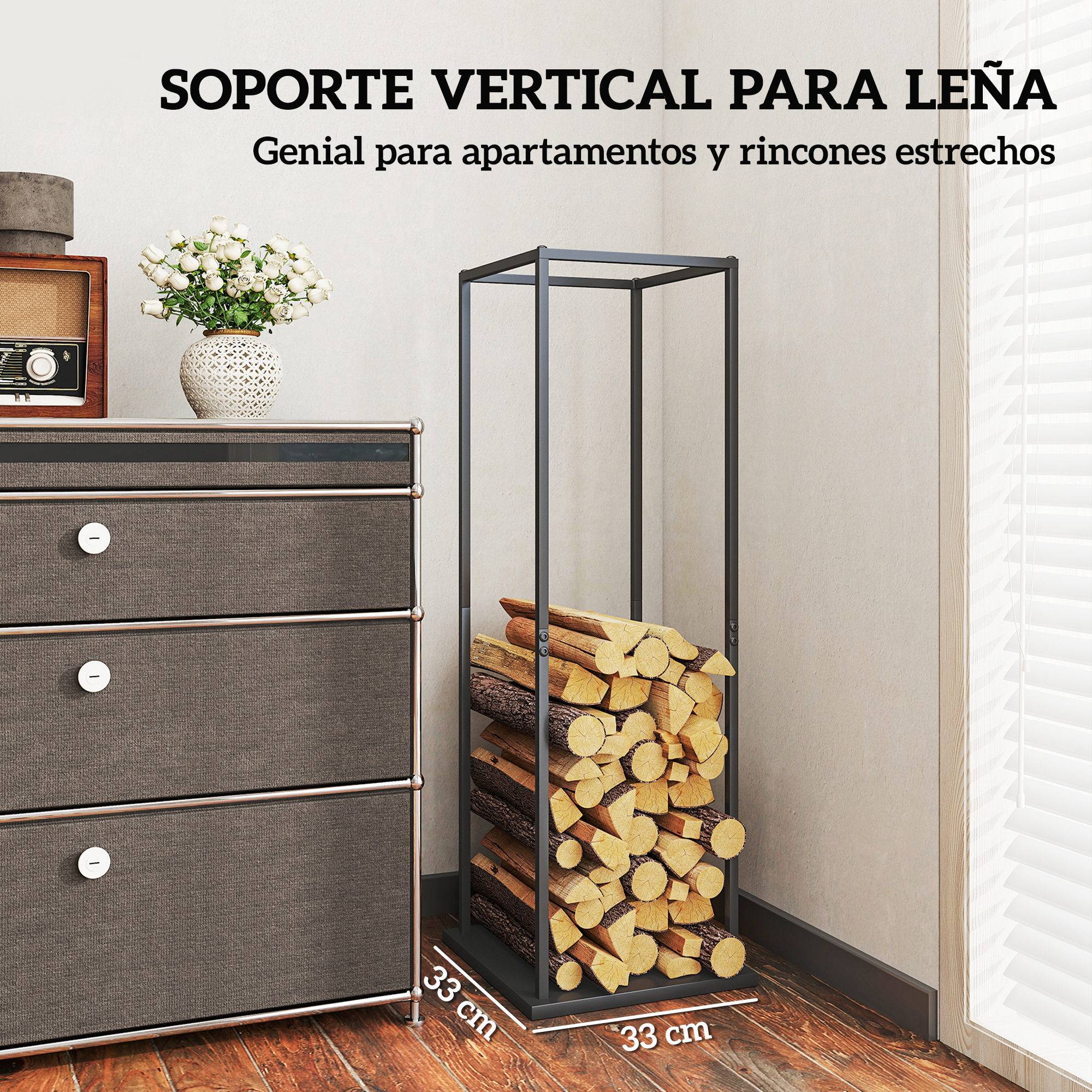 Porte-bûches en métal pour cheminée, support à bûches avec base surélevée, anti-basculement, capacité de charge 100 kg, 33 x 33 x 110 cm, noir - Image 8