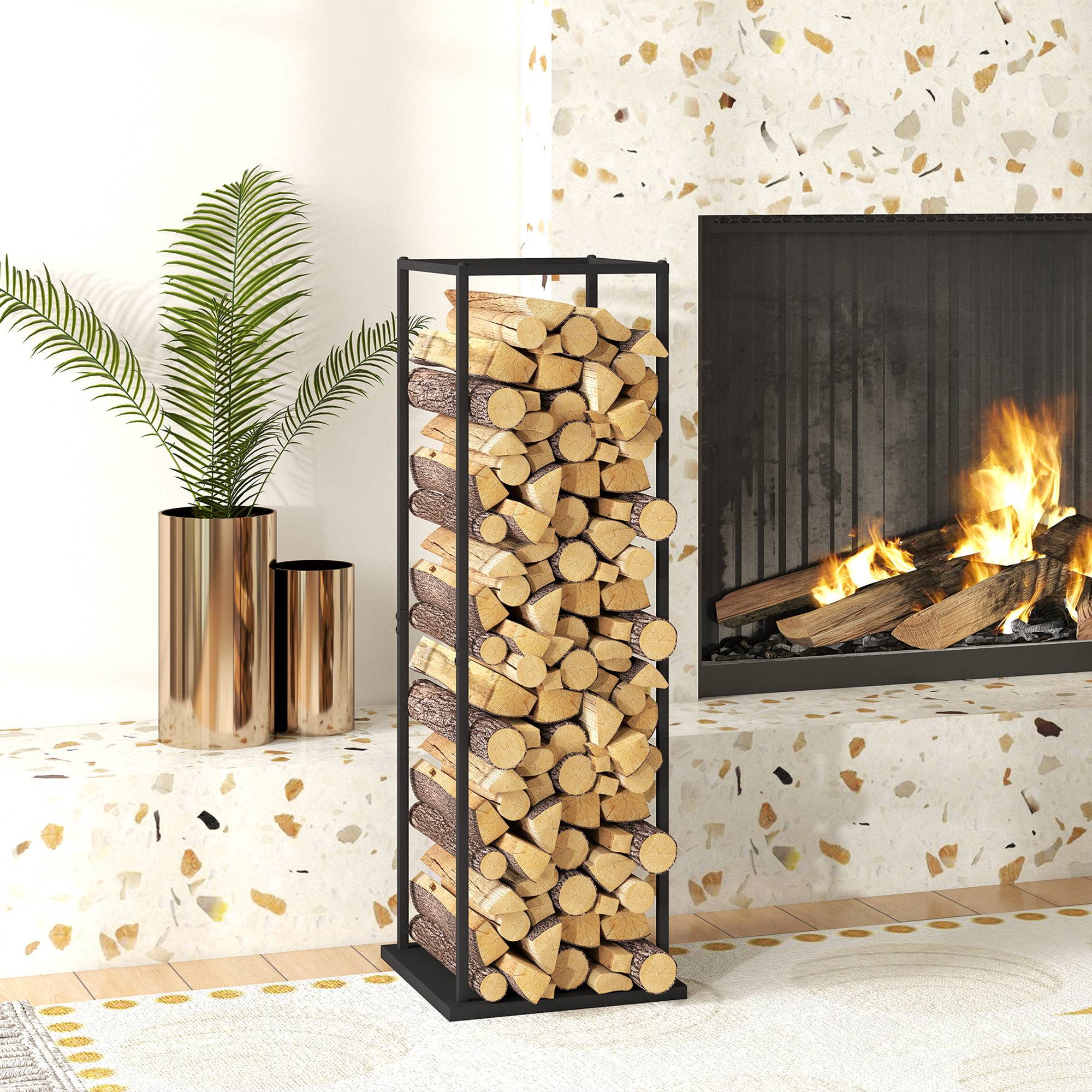 Porte-bûches en métal pour cheminée, support à bûches avec base surélevée, anti-basculement, capacité de charge 100 kg, 33 x 33 x 110 cm, noir - Image 3