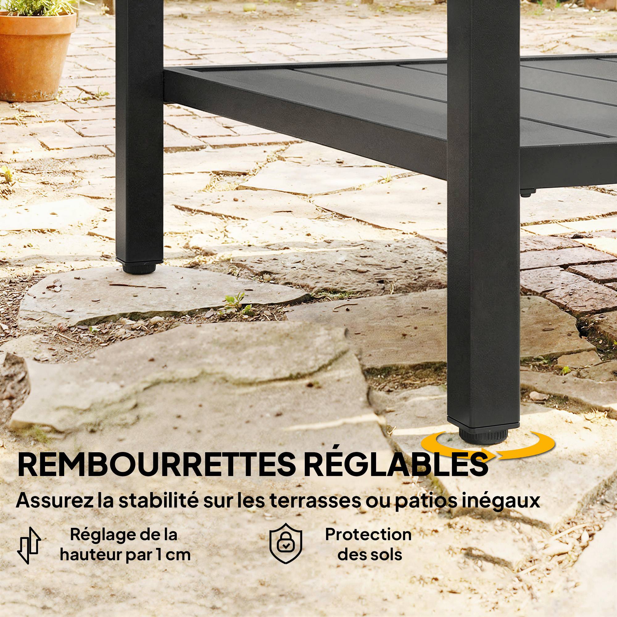 Table basse extérieure à 2 niveaux en métal, table de jardin carrée avec étagère de rangement, 45 x 45 x 54 cm, noir - Image 9