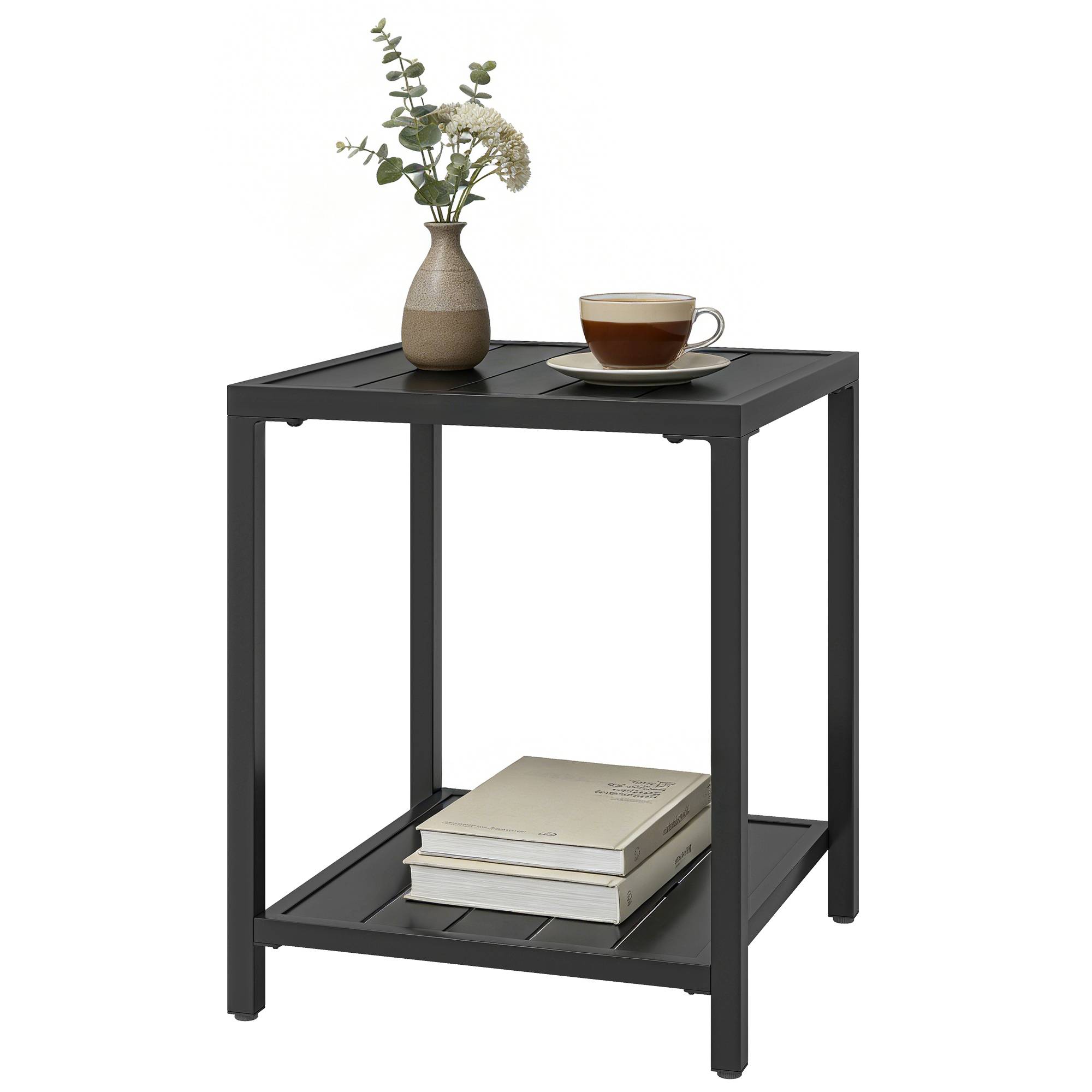 Table basse extérieure à 2 niveaux en métal, table de jardin carrée avec étagère de rangement, 45 x 45 x 54 cm, noir - Image 2