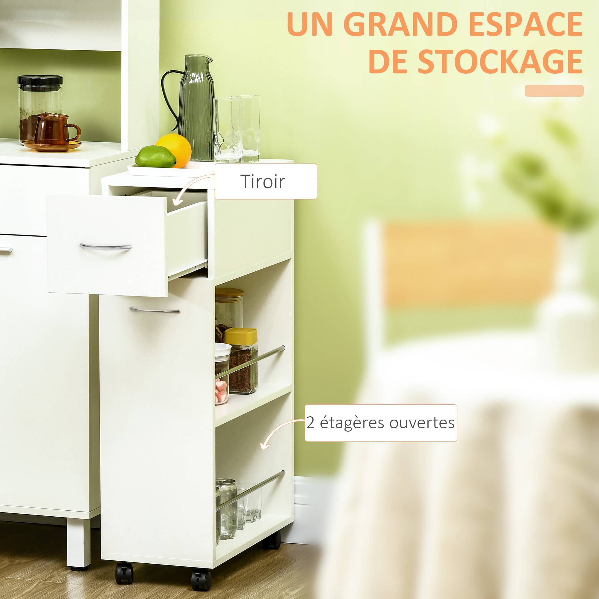 Chariot de cuisine avec 1 tiroir et 2 étagères ouvertes sur roulettes pour 25 x 50 x 85 cm Blanc - Image 6
