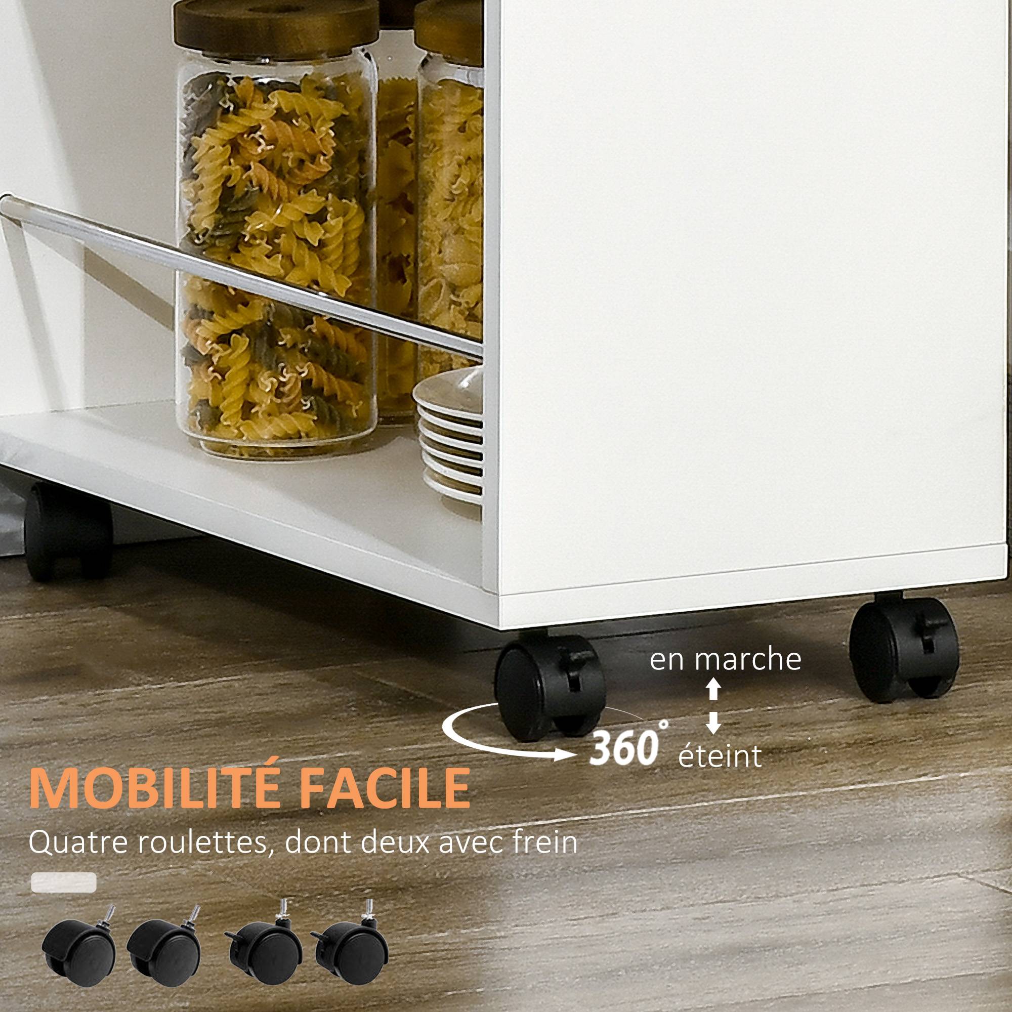 Chariot de cuisine avec 1 tiroir et 2 étagères ouvertes sur roulettes pour 25 x 50 x 85 cm Blanc - Image 8