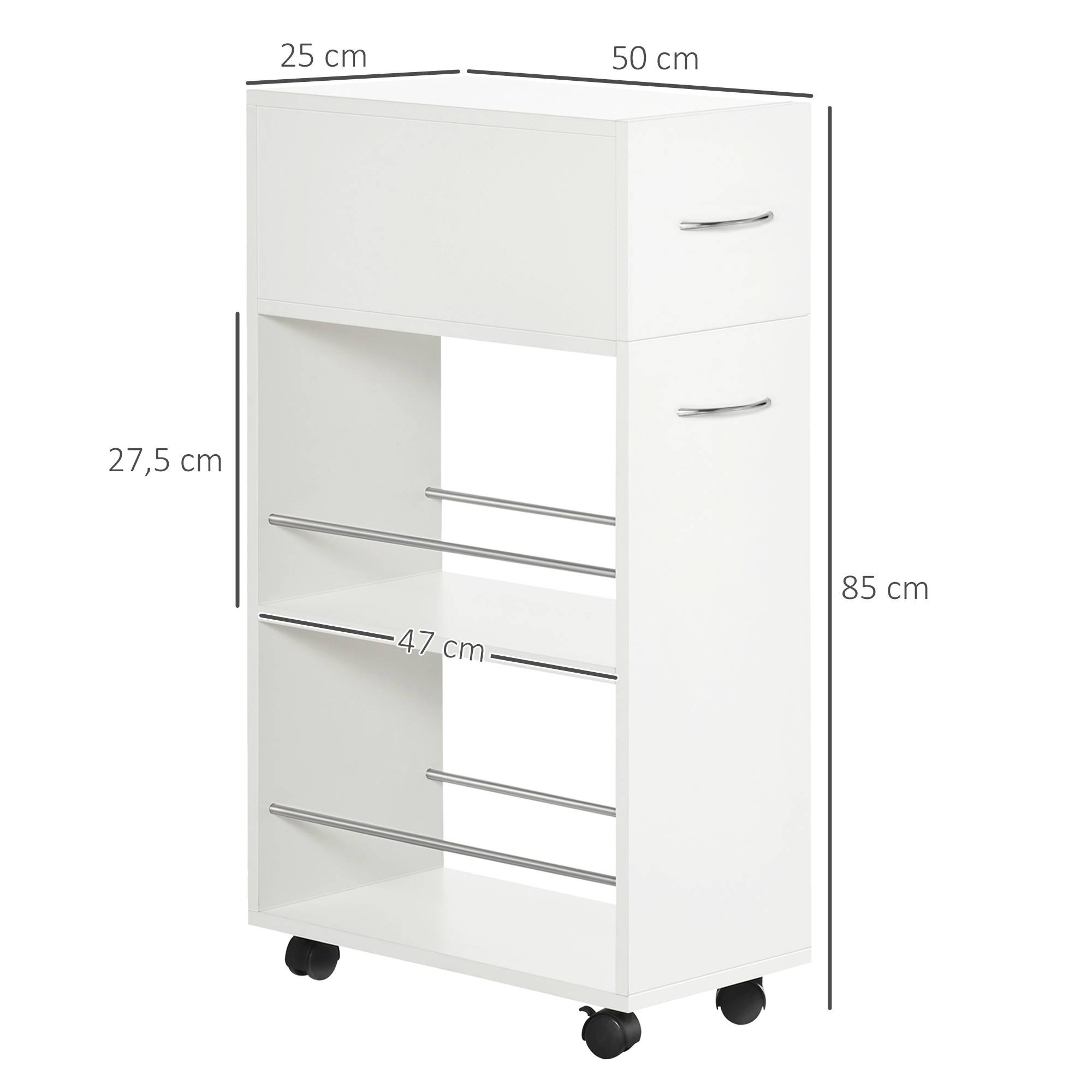 Chariot de cuisine avec 1 tiroir et 2 étagères ouvertes sur roulettes pour 25 x 50 x 85 cm Blanc - Image 5