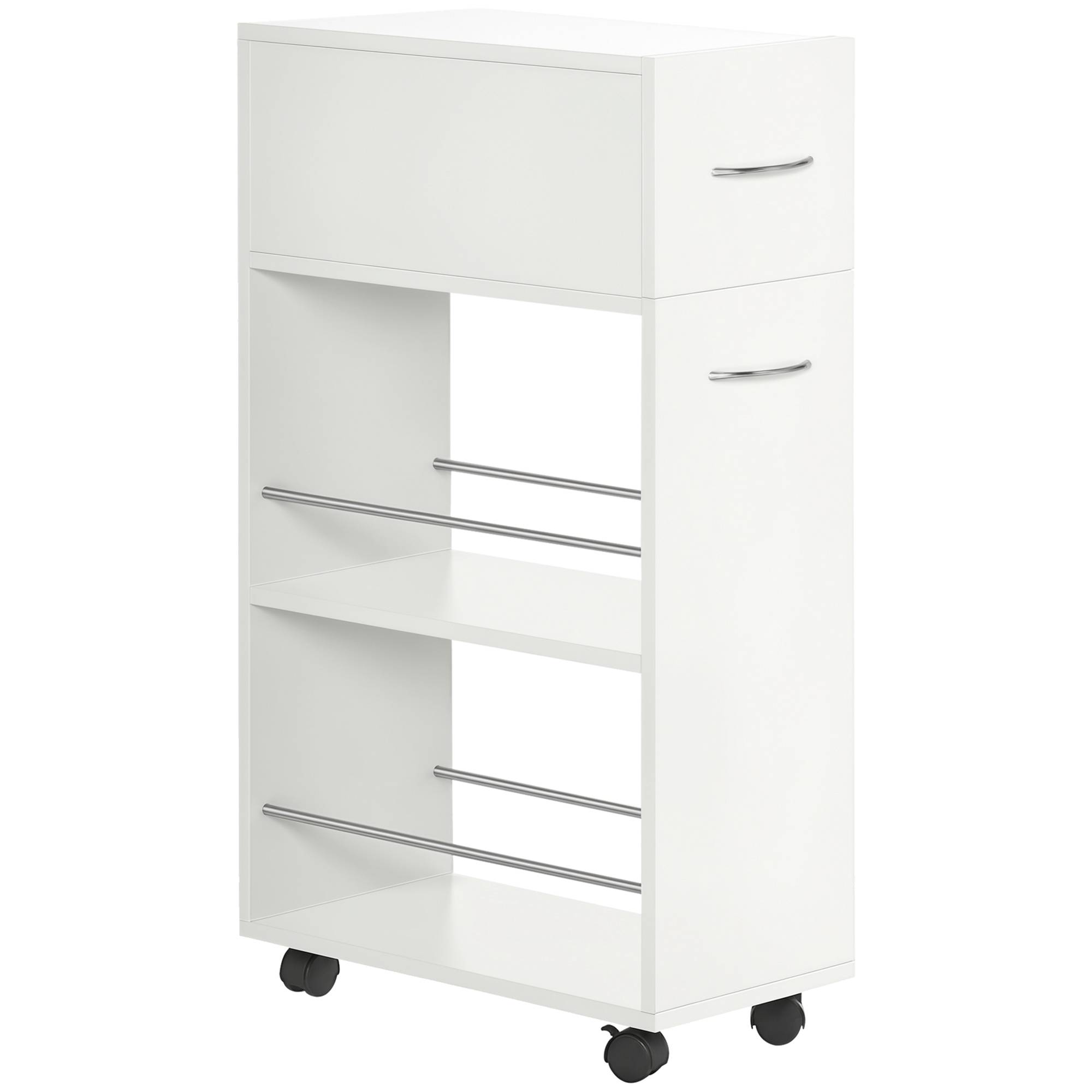 Chariot de cuisine avec 1 tiroir et 2 étagères ouvertes sur roulettes pour 25 x 50 x 85 cm Blanc - Image 1