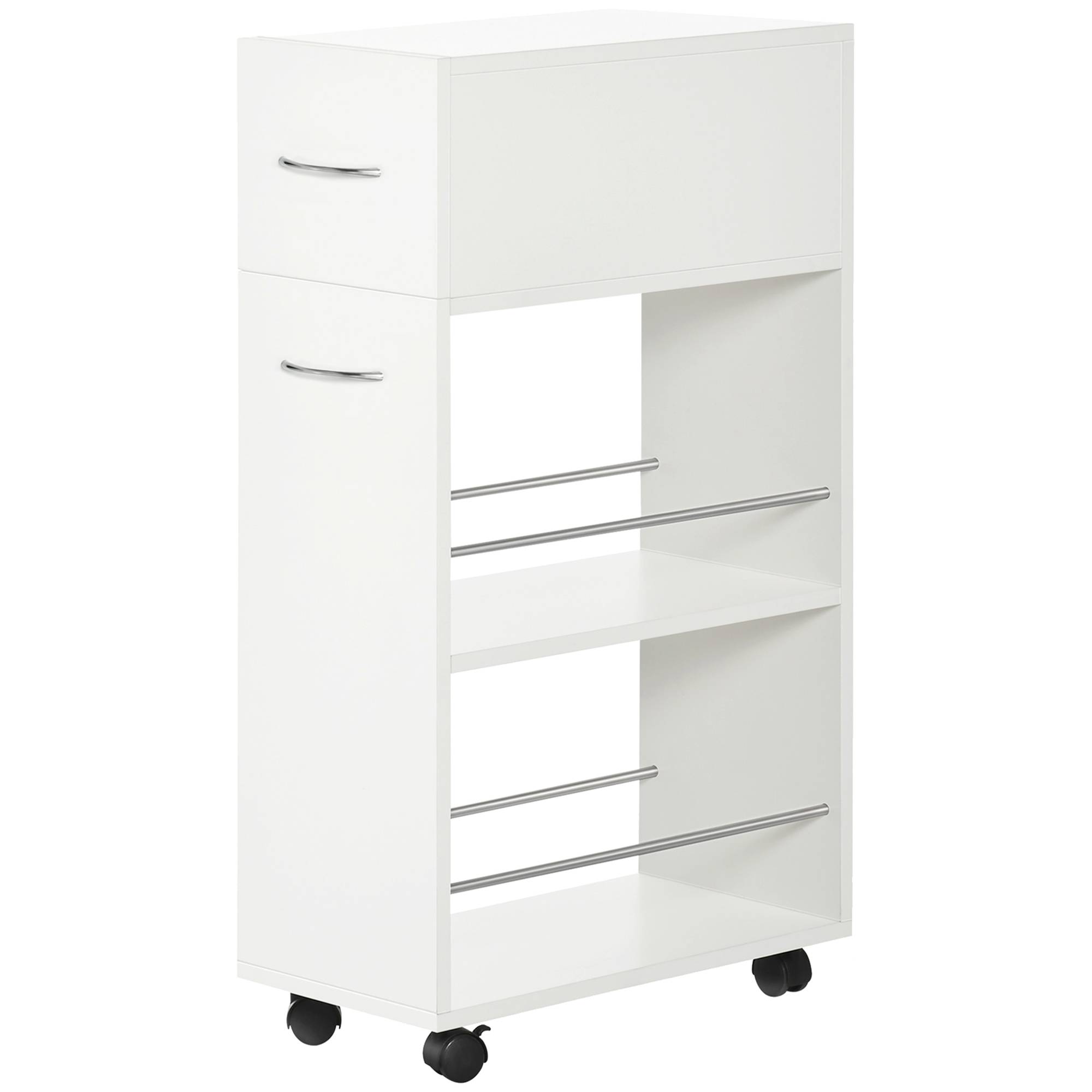 Chariot de cuisine avec 1 tiroir et 2 étagères ouvertes sur roulettes pour 25 x 50 x 85 cm Blanc - Image 2
