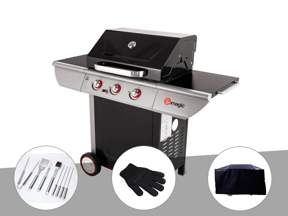 Somagic - Barbecue à gaz avec chariot 3 brûleurs Manhattan 300S - Somagic + Malette de 8 accessoires inox + Gant de protection + Housse de protection