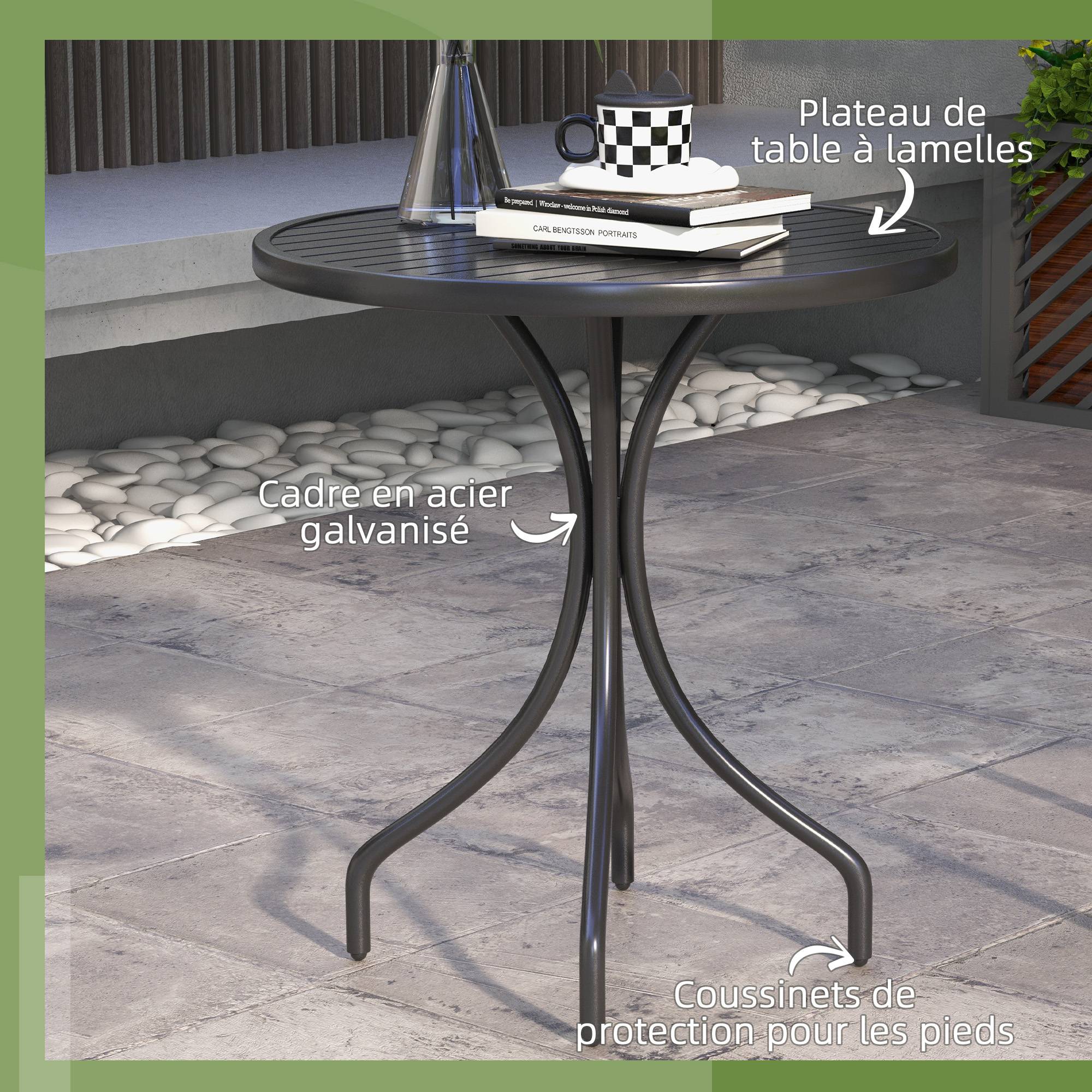 Table de jardin ronde Ø66cm, table d'exterieur en acier galvanisé avec plateau à lattes pour terrasse, balcon, noir - Image 6